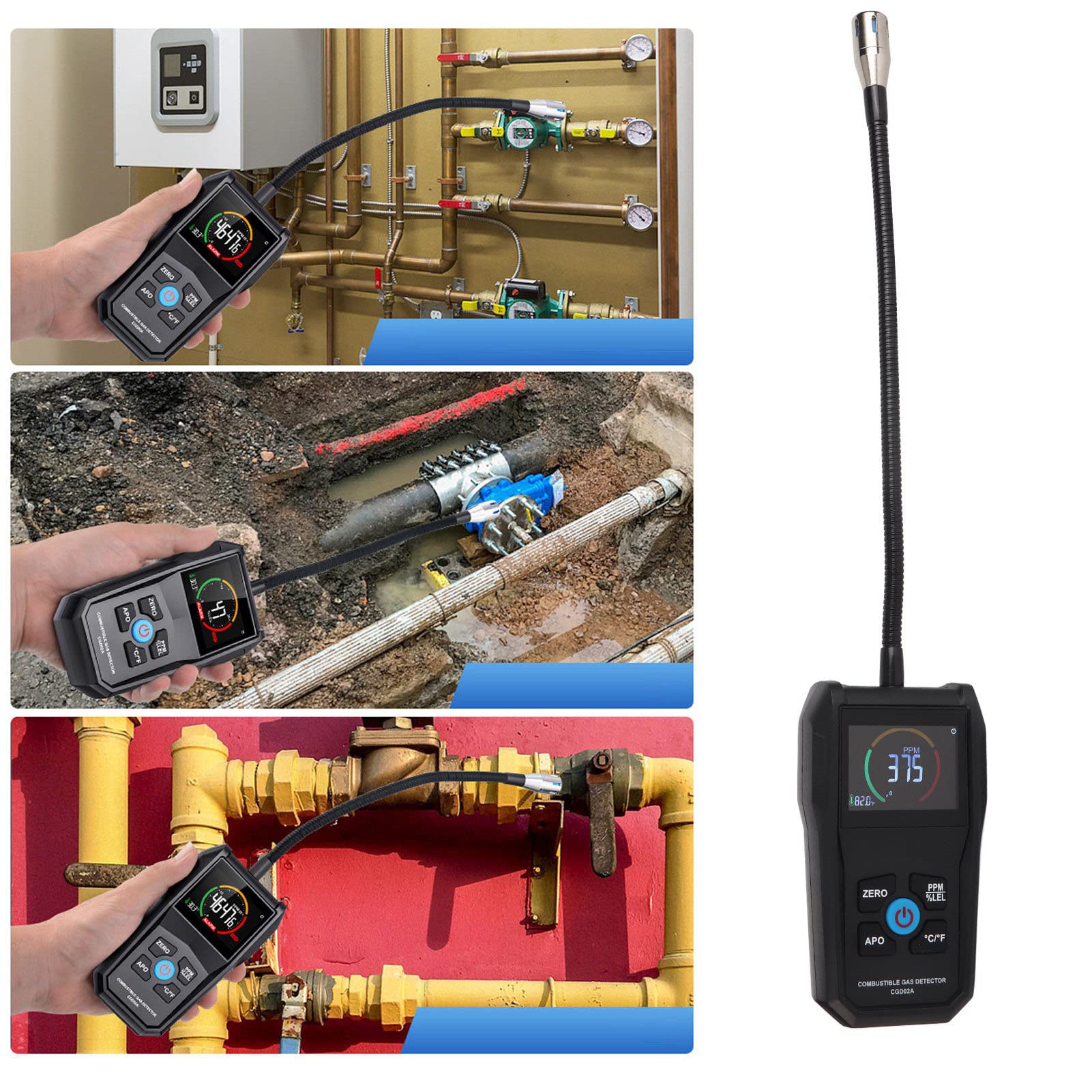 Asixxsix Detector de Fugas de Gas, Pantalla LCD de 50-50000PPM Detector de Gas Natural Portátil Detector de Gas para Localizar Fuentes de Fugas de Gas Combustible como Metano, Propano