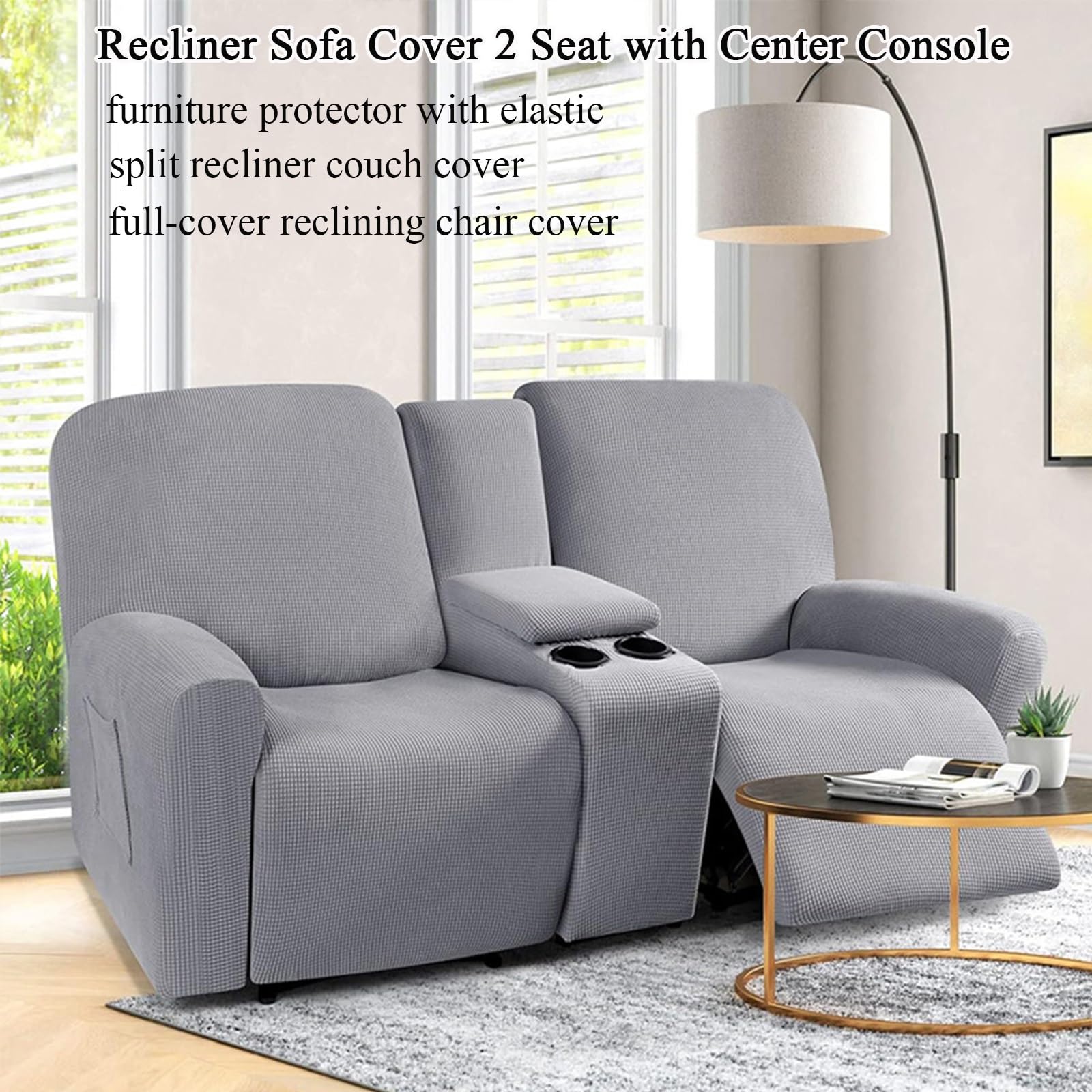 MKKBOB Recliner Sofa Covers 2 Seater with Center Console,Recliner Loveseat Cover with Center Console Sofa Slipcover Split Stretch Anti-Skid Couch Cover for 2 Seat Reclining Sofa(Navy Blue)