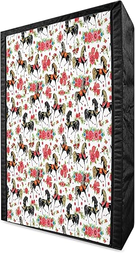 Ambesonne Horses Portable Fabric Wardrobe Abstract Floral Arrangement and Dapple Stallions Vintage Animal Silhouettes Clothing Organizer and Storage