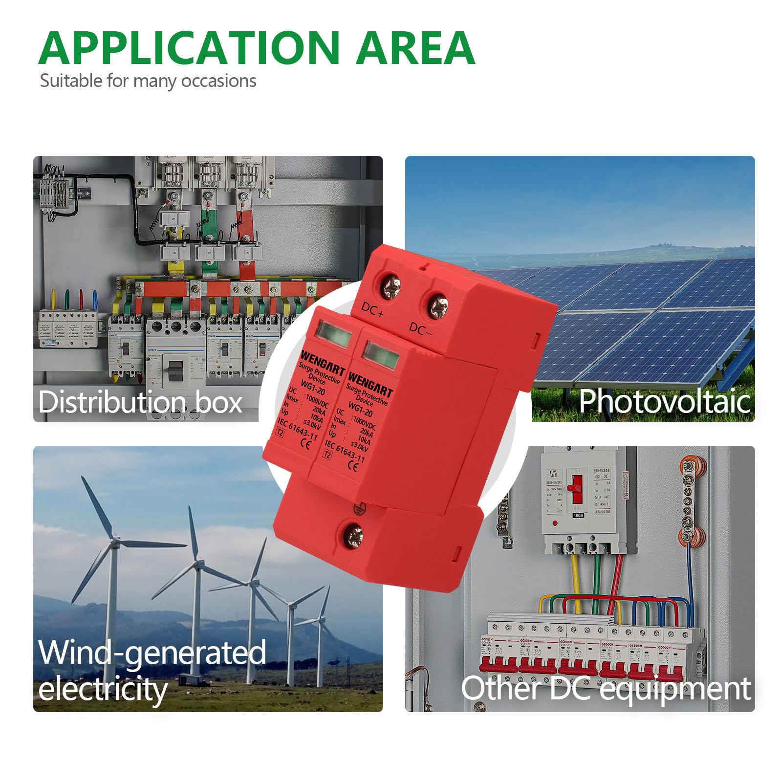 Wengart Scaricatore di Sovratensione DC 1000V 2P SPD 10-20kA Protezione Fulmini Fotovoltaico Guida DIN 35mm