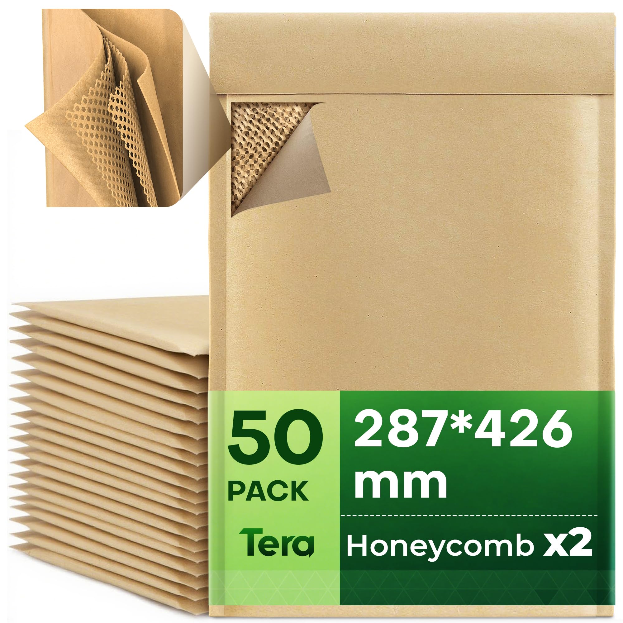 Tera Buste protettive a nido d'ape: 28,7 × 42,6 cm Confezione da 50 – Protezione a 4 Strati, Autoadesive, Riciclabili – Imballaggio Sostenibile per Spedizioni, Gioielli, Cosmetici