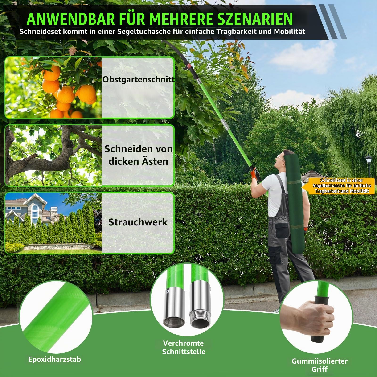 Astsäge mit Stiel 9m Handsäge Einstellbare Länge, Baumsäge Gartengeräte-Set Palme Hochentaster hochreichbare Stange mit Tragetasche, schneidet sauber und Sträuchern