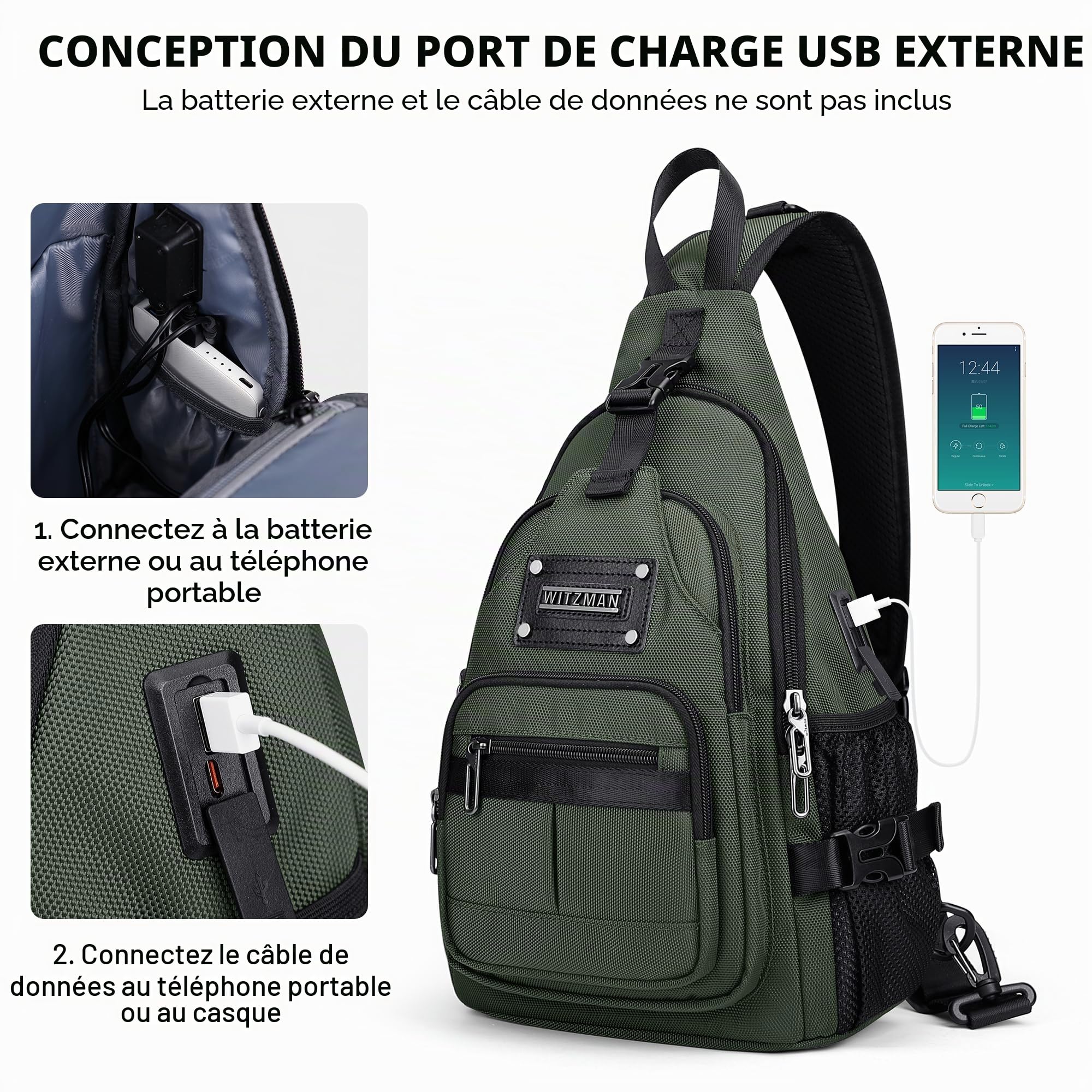 WITZMAN Sac Bandoulière Homme, Sac Poitrine Décontracté Port Charge USB