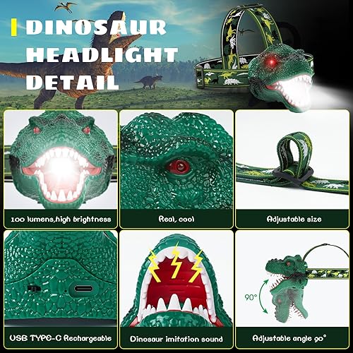 Miniatura 5 de Dysaim Linterna frontal recargable de dinosaurio T-Rex para niños y lámpara LED para la cabeza, linterna de equipo de campamento, accesorios de