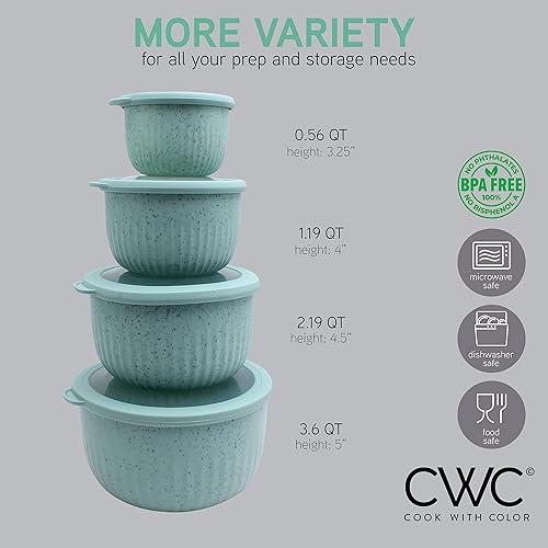 Vista 360 de COOK WITH COLOR - Juego de tazones de preparación profundos con tapas, para mezclar, de plástico, pequeños y apilables (color rosa/gris)