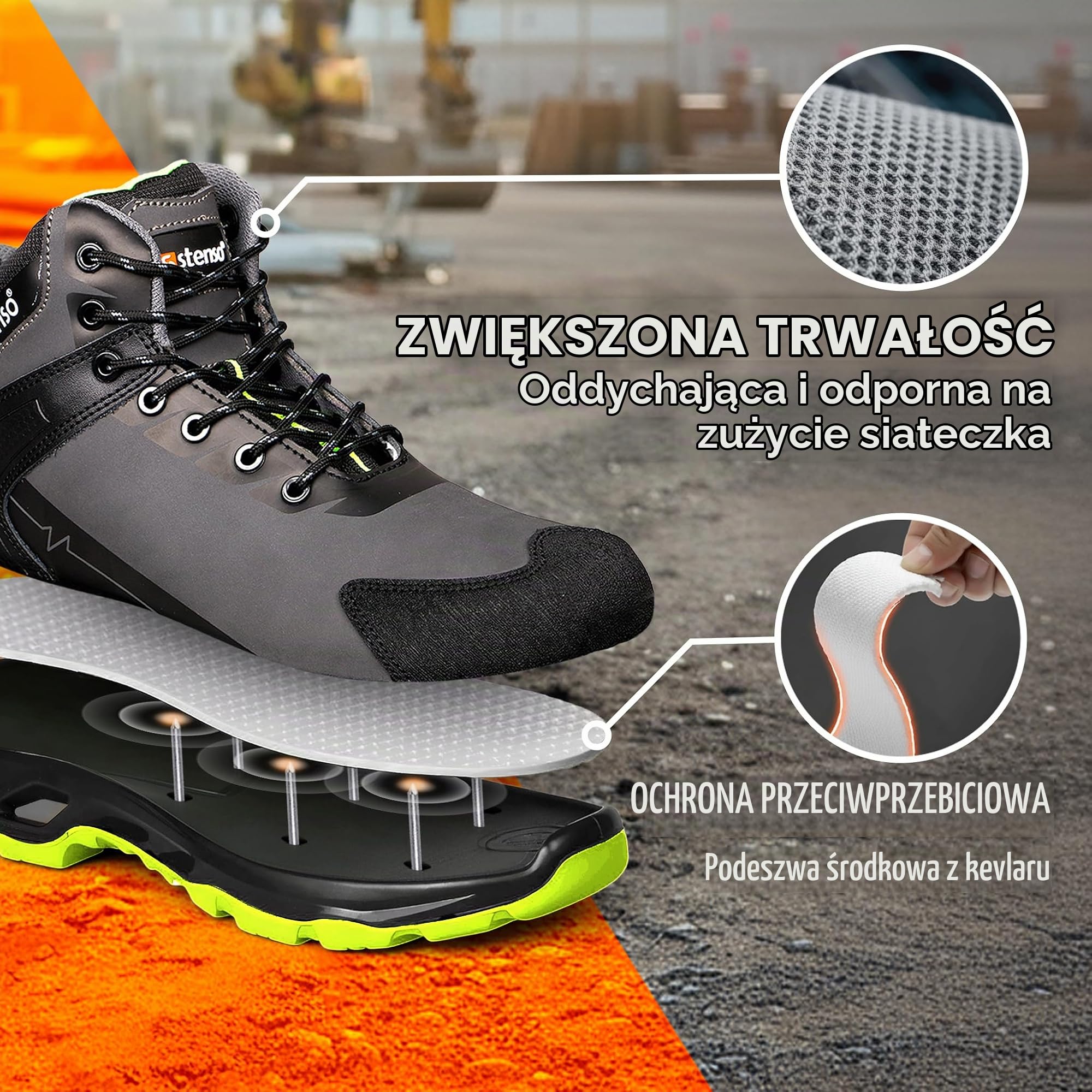 Stenso Ruler S3S SR buty robocze, męskie, ochronne, męskie, damskie, wodoodporne, oddychające, hi-poli, nasadka z włókna szklanego, płyta kevlarowa, podeszwa PU/PU, zielony, 43 EU