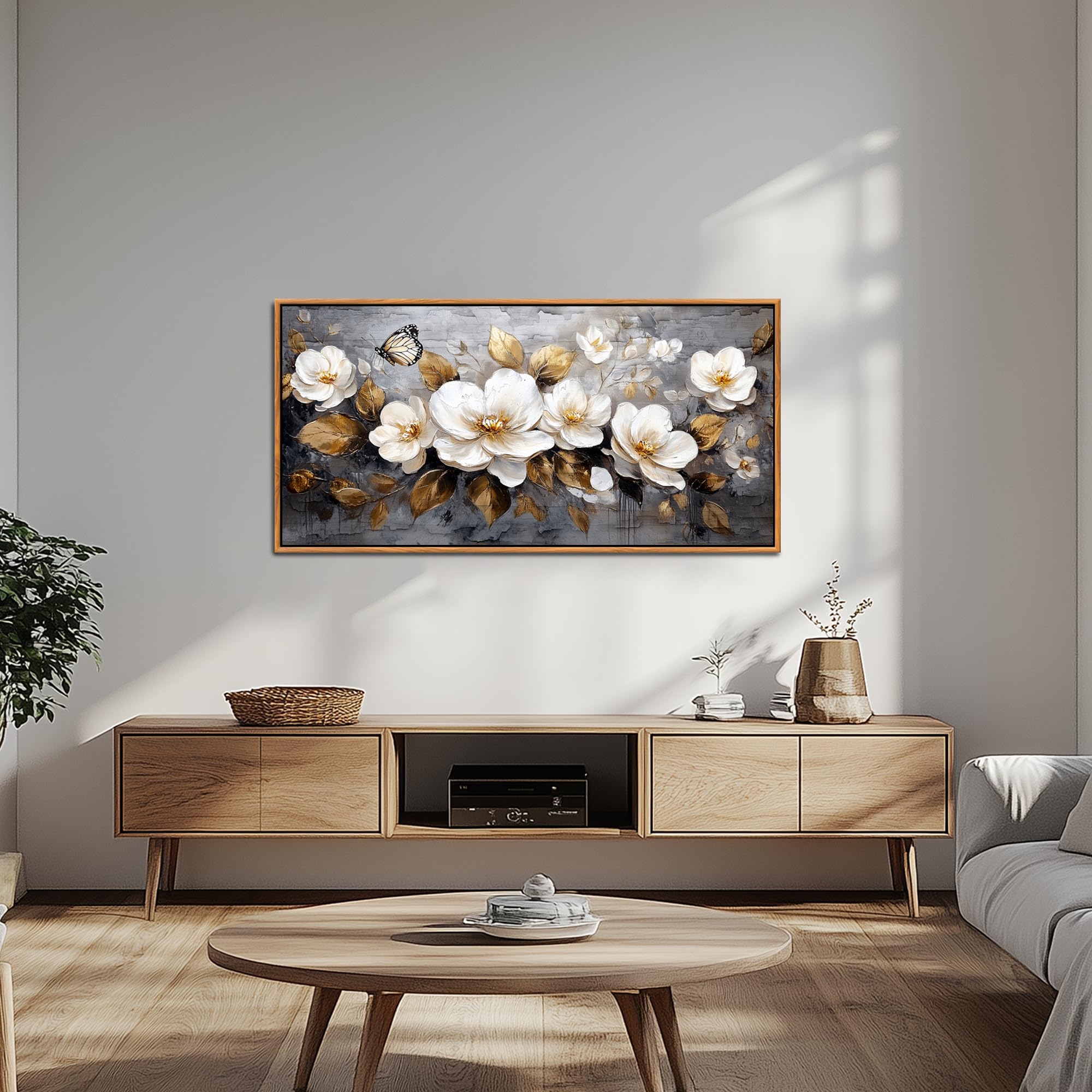 hyidecorart Goldene Blumen Leinwand Bild mit Rahmen Holz, 60x120 cm XXL Wandbilder Wohnzimmer Modern Bilder, Wanddeko Aesthetic Schlafzimmer Badezimmer Kunst Büro Zimmer Esszimmer