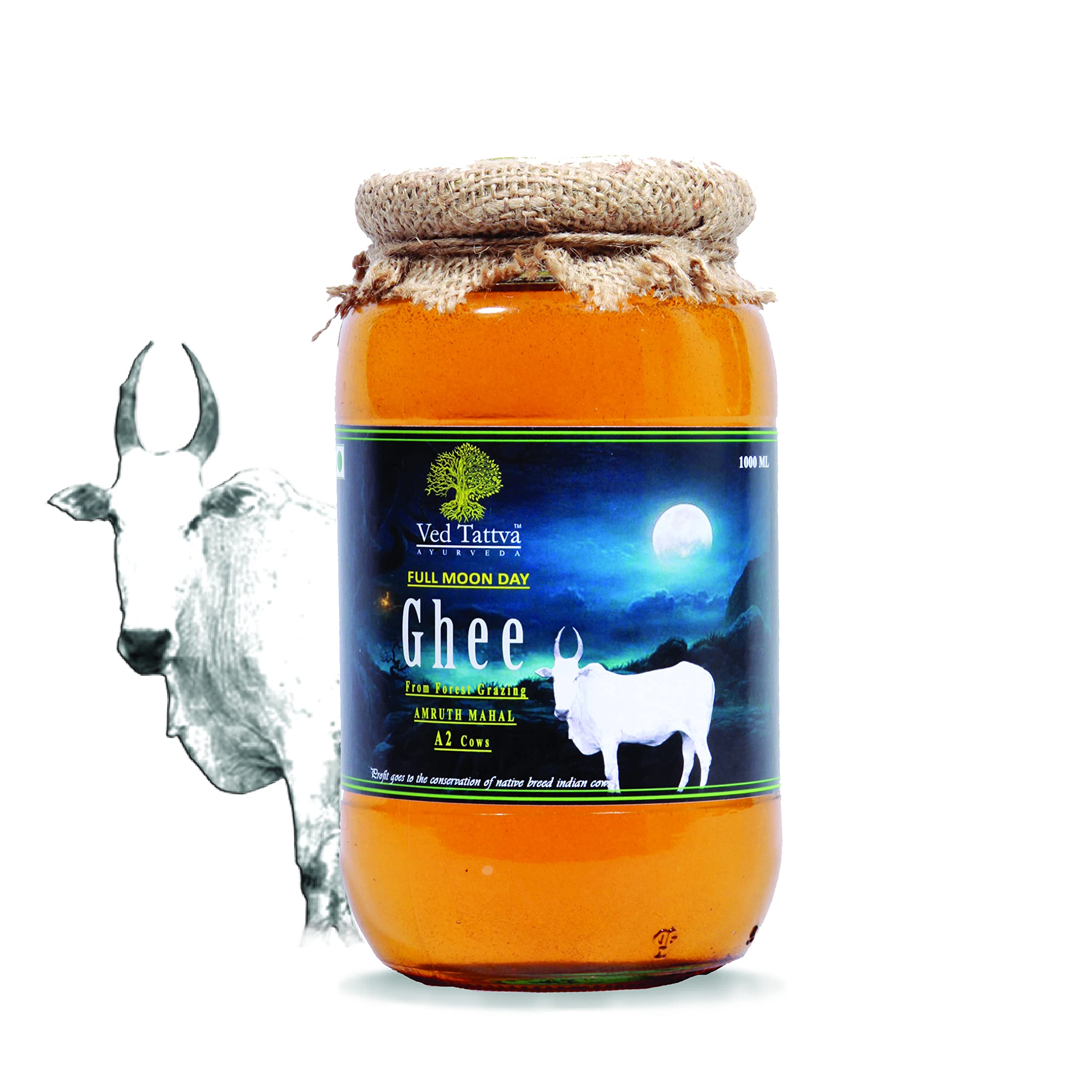 Ved Tattva Ayurveda Desi Amruth Mahal A2 Full Moon Day BILONA Cow Ghee from Forest grazing Grass-fed Cows|Ayurvedic|Medicinal|Made in Brass Vessel|1000ml