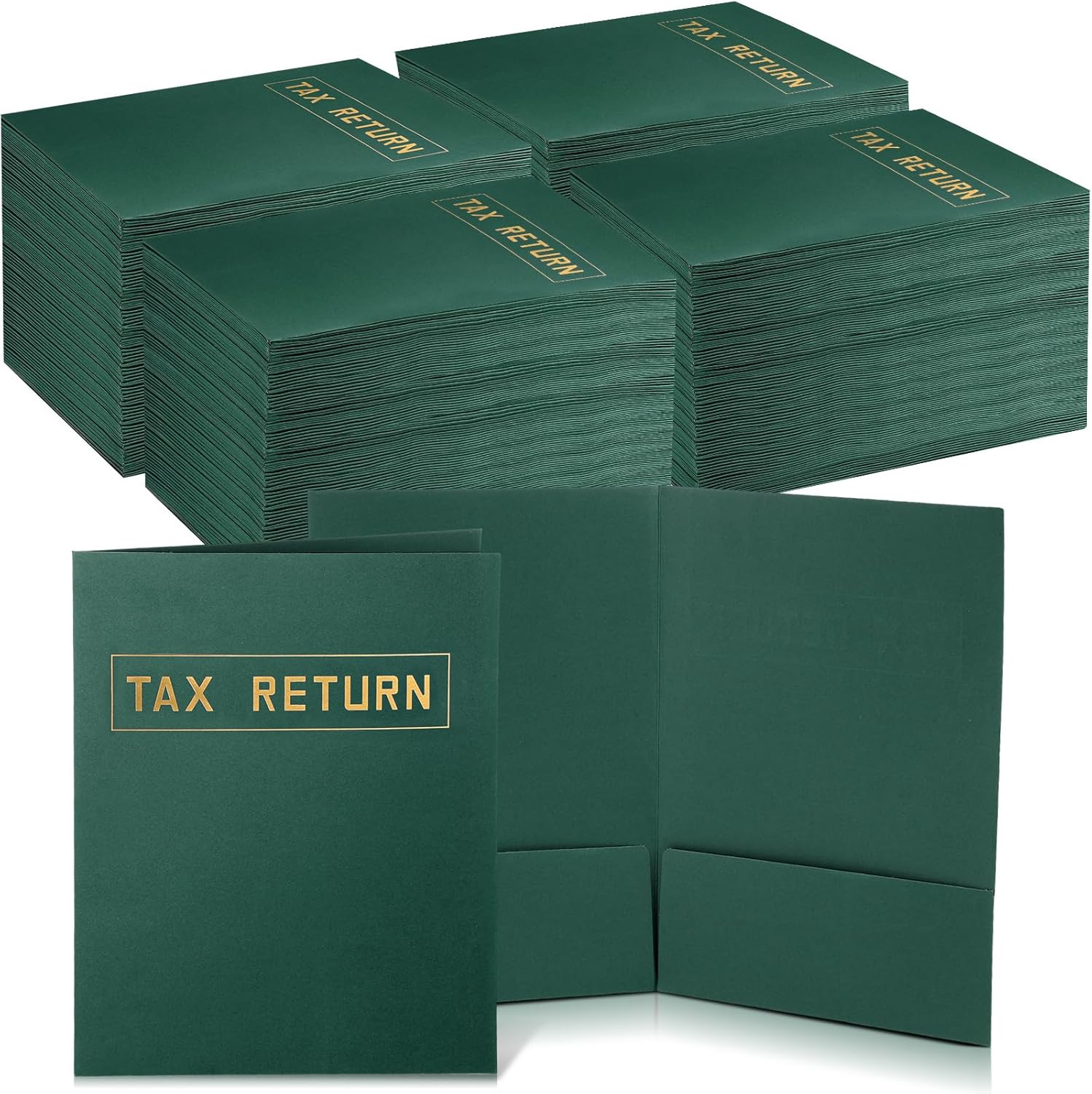 Kosiz 200 Pcs Tax Return Folders Bulk 9 x 12 Inch 2 Pocket Gold Foil Stamped Folder with Pockets for Business Office Storing or Handling Personal and Customer Tax Return Organizer (Green)
