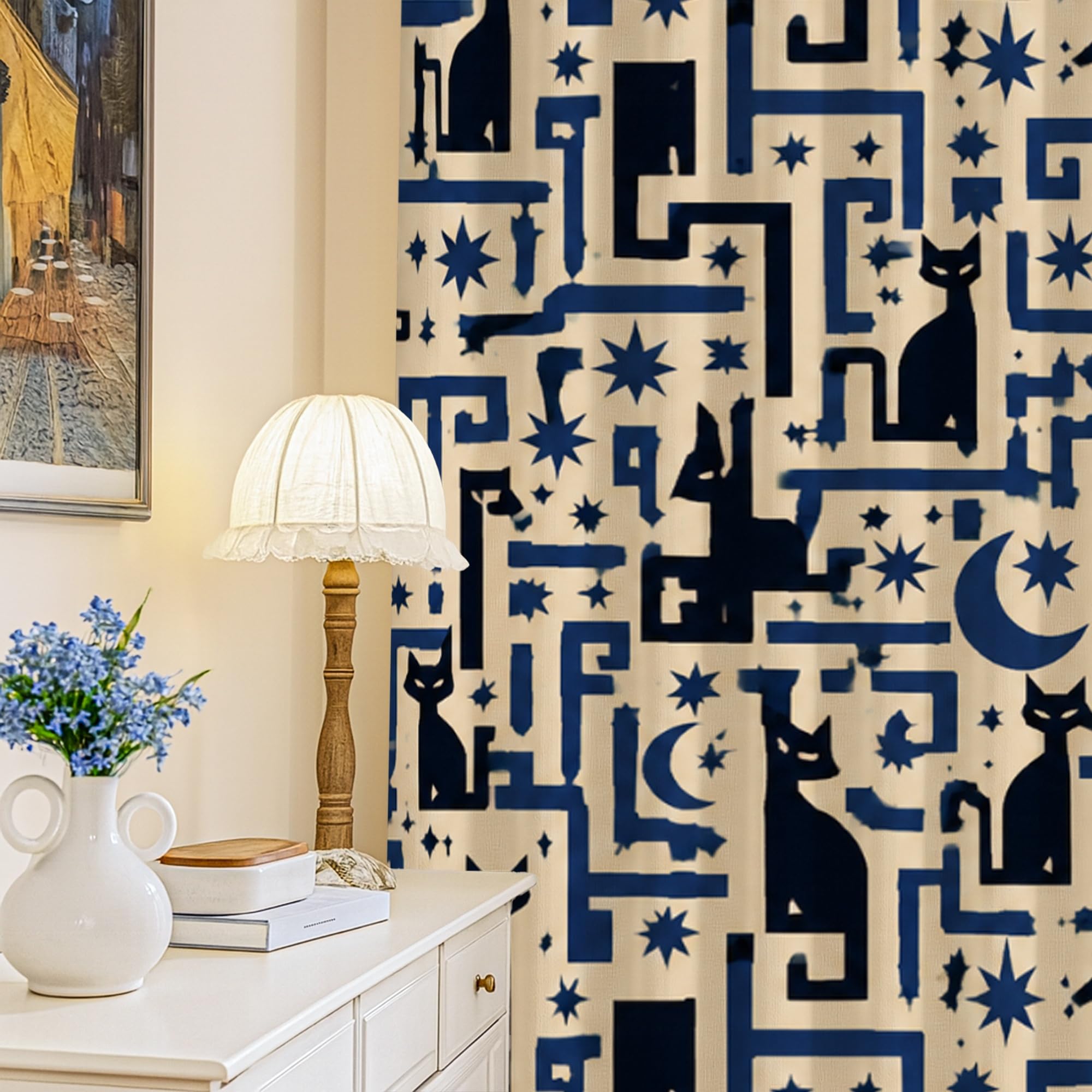 Rideau occultant bleu marine lavable motif lune rideaux salon cuisine