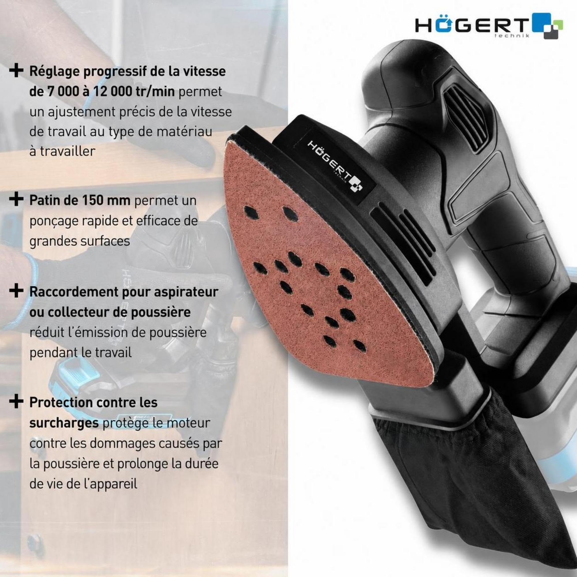 HÖGERT TECHNIK – Ponceuse Delta sans fil 18V, ponceuse triangulaire compacte pour bois, métal et plastique, ponceuse multifonction pour coins, bords et travaux de précision, sans batterie