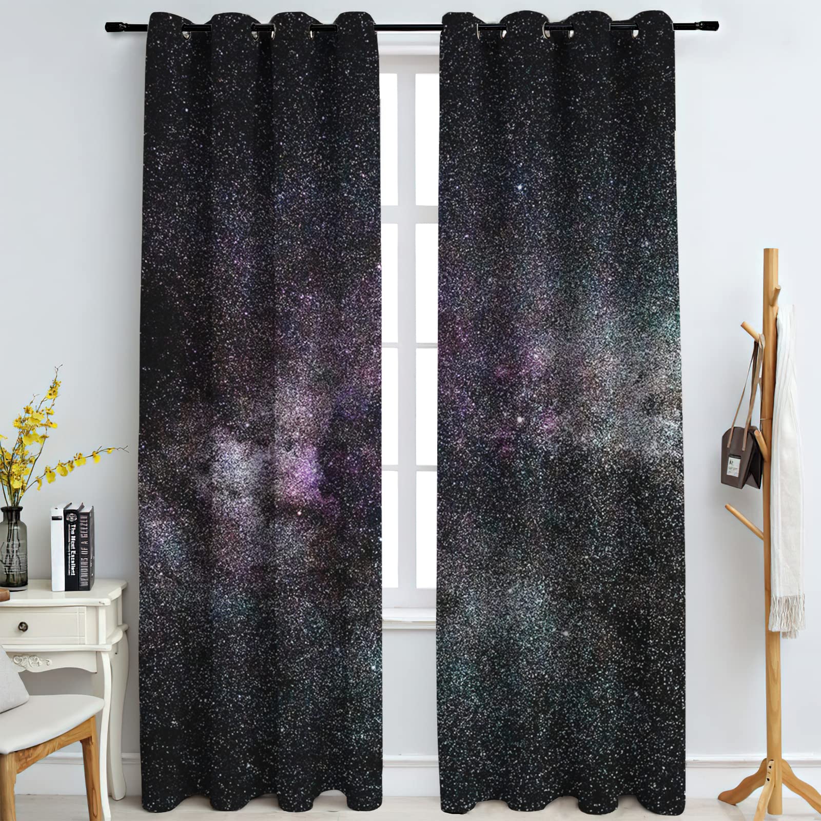 Cortinas Niño Niña Habitacion Opacas Con Ojales 2 Piezas 3D Cielo Estrellado De Ensueño Profundomorado Y Negro Patrón 264X214Cm（An X Al）Cortinas Termicas Aislantes Frio Y Calor Salón Dormitorio Ven