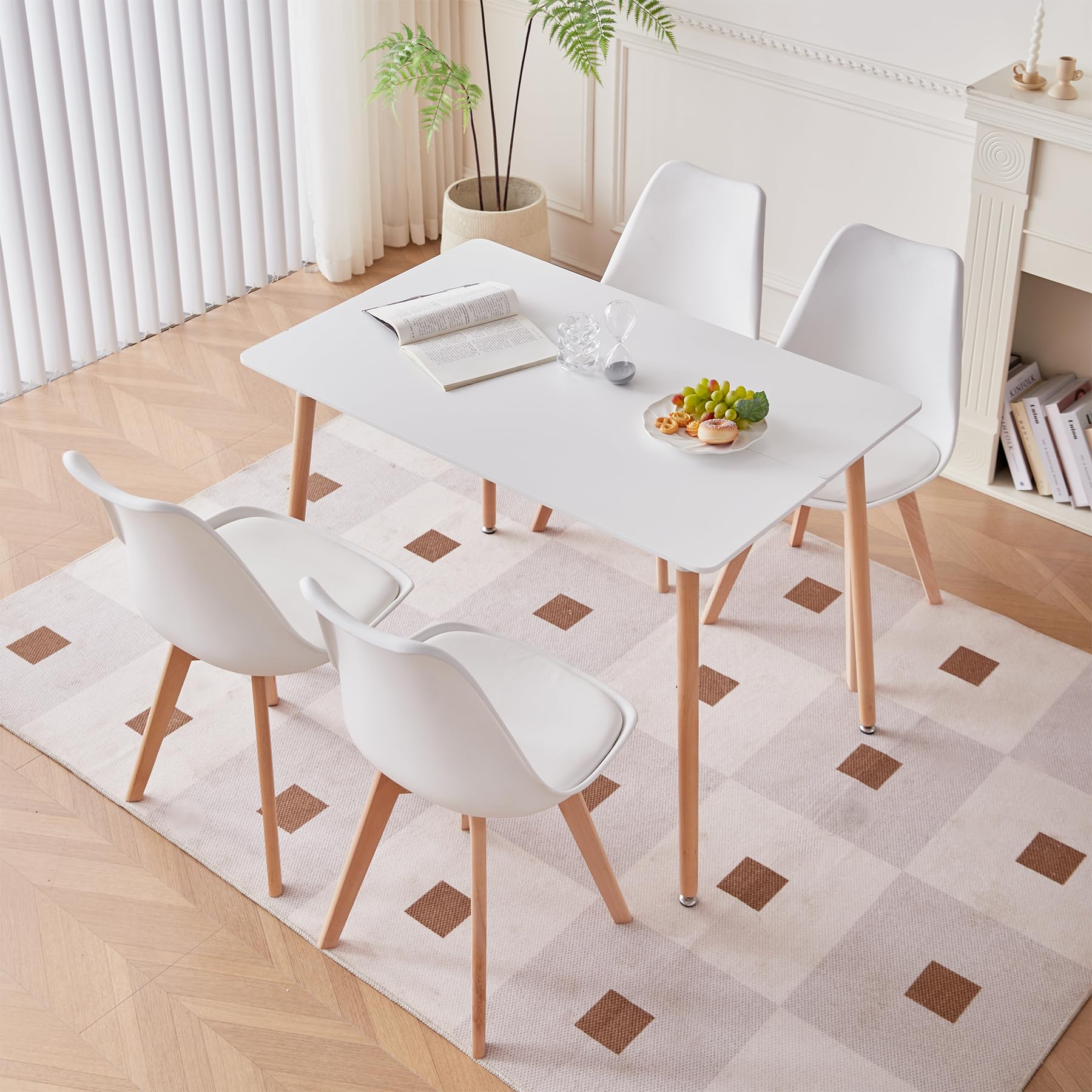 Juego de Comedor Mesa Rectángulo con 4 Sillas，para el Hogar, la Oficina y el Café (Blanco+ZDCZ)