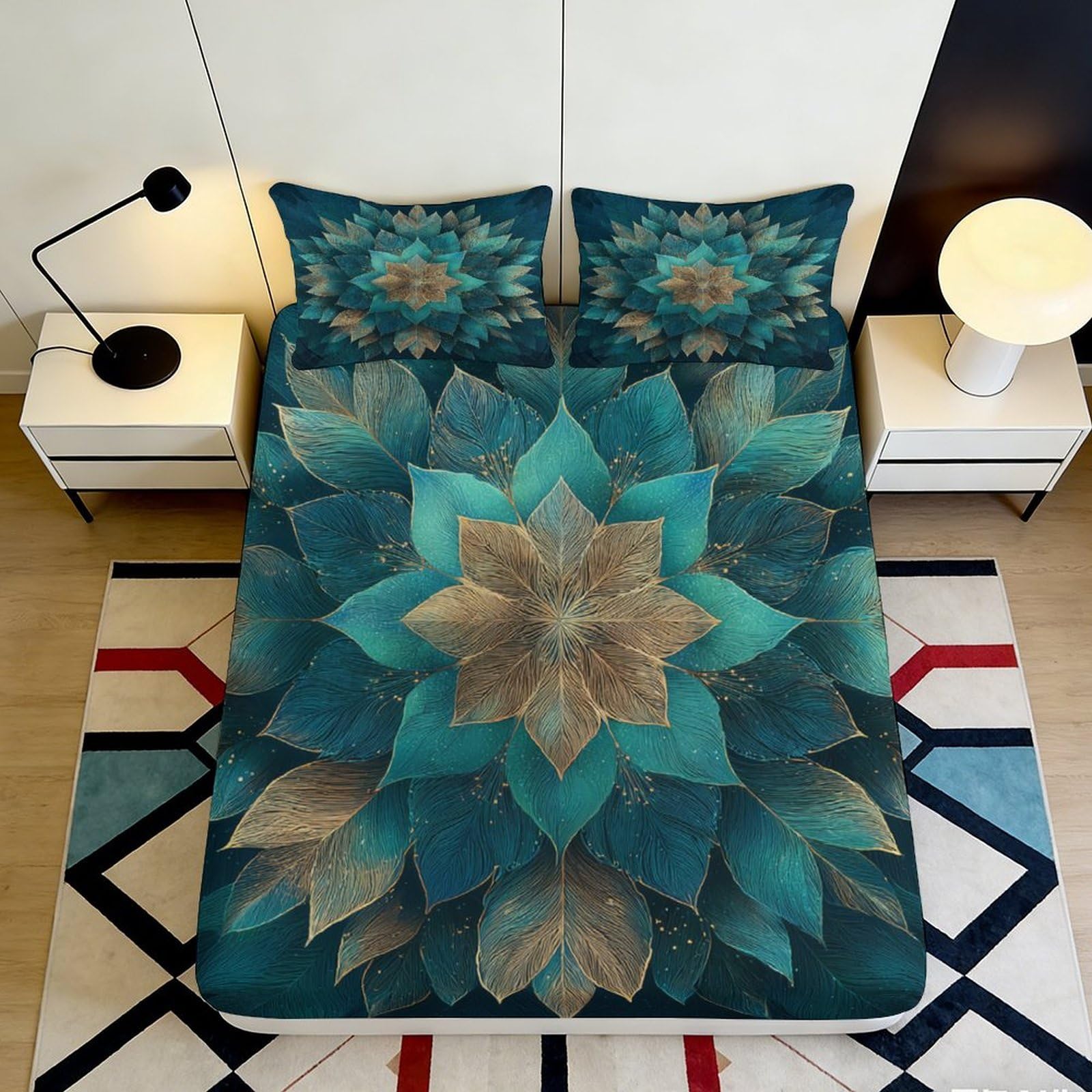 Pnayamiorkfel Style-6 3D Printed Teal Floral Fitted Sheet Microfiber Soft Decorative Gold Leaf Bed Cover For Bedroom Dorm Mattress Protection 90X200x25cm