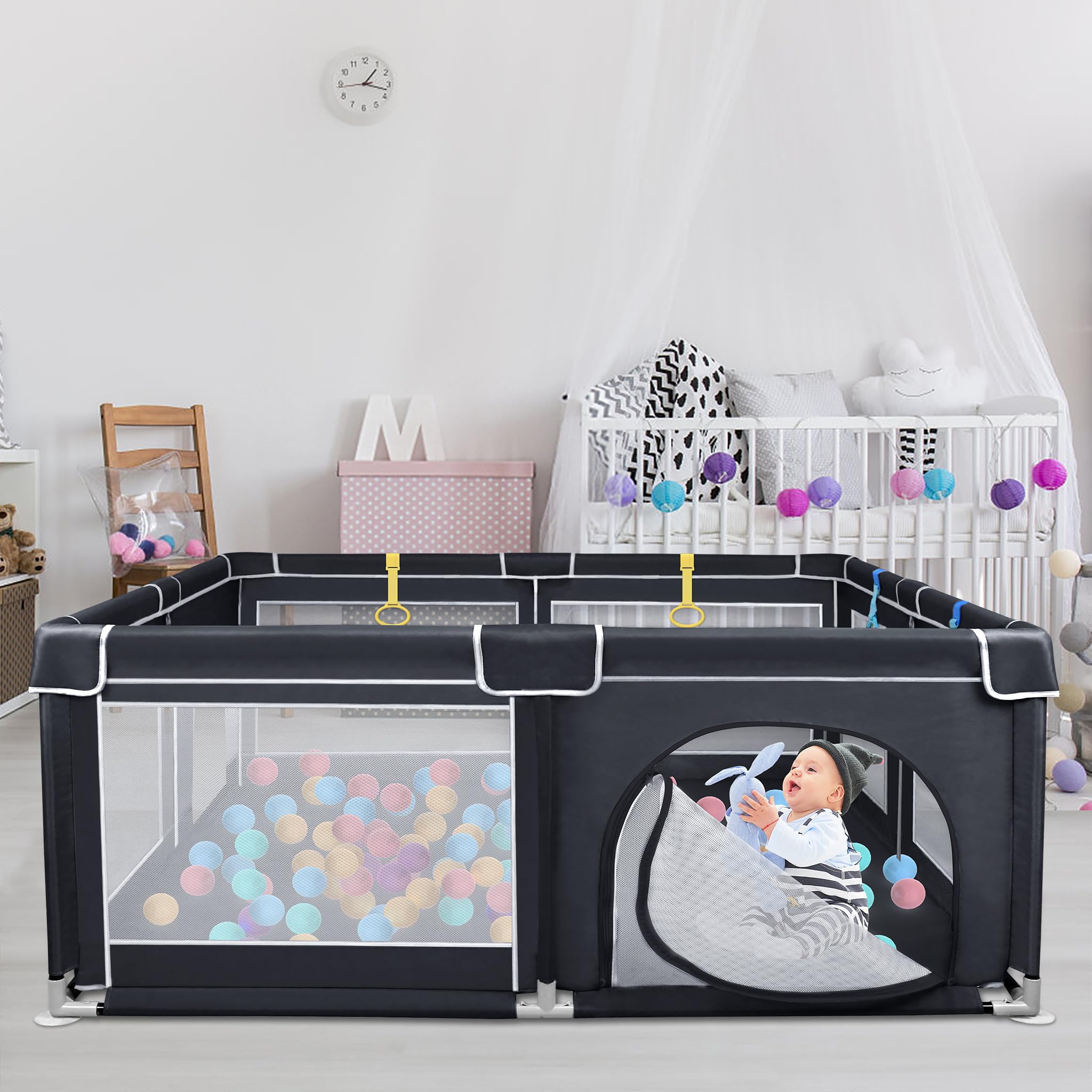 UISEBRT Parque infantil con base antideslizante y red transpirable y 50 pelotas, rejilla de barrera estable, centro de actividades para niños, negro, 150 x 180 cm