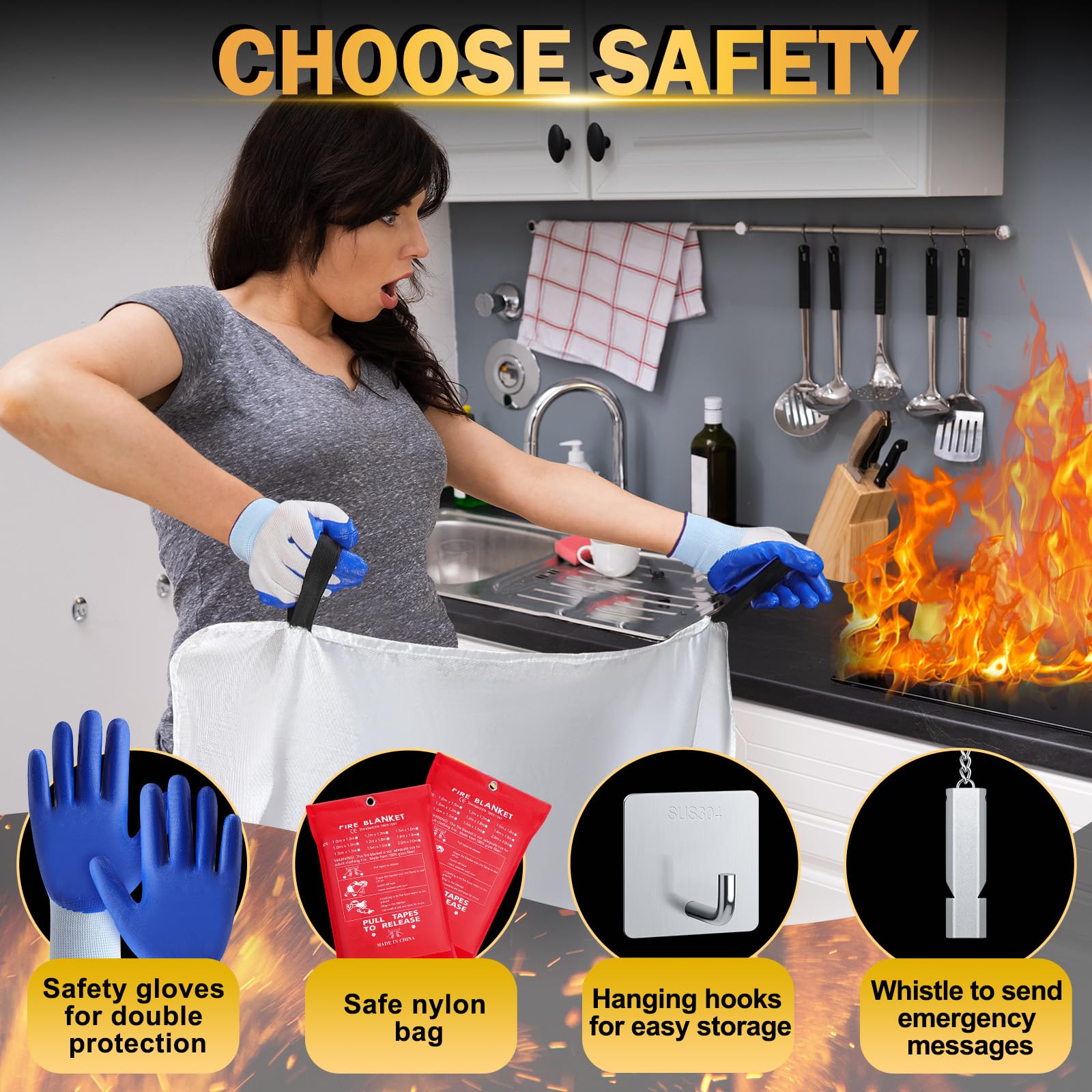 Copkim Paquete de 4 mantas ignífugas para el hogar y la cocina, 47 x 47 pulgadas, manta de emergencia para supresión de incendios de fibra de vidrio con gancho, guantes, silbatos, manta de seguridad