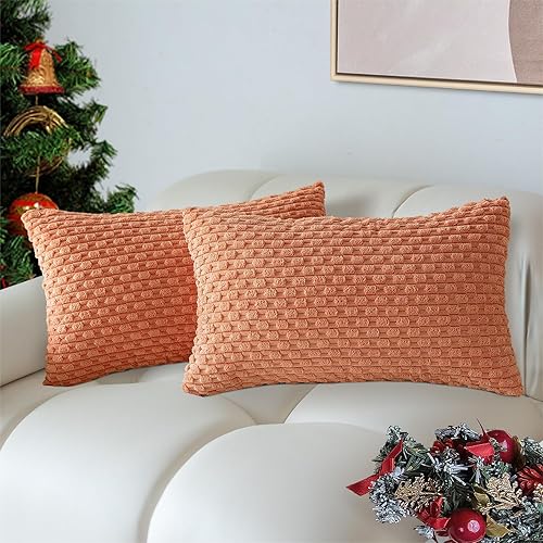 Henzxi Juego de 2 fundas de almohada decorativas de pana suave, fundas de almohada cuadradas a rayas, estilo bohemio, decoración del hogar rural Henzxi Juego de 2 fundas de almohada decorativas de pana suave, fundas de almohada cuadradas a rayas, estilo bohemio, decoración del hogar rural