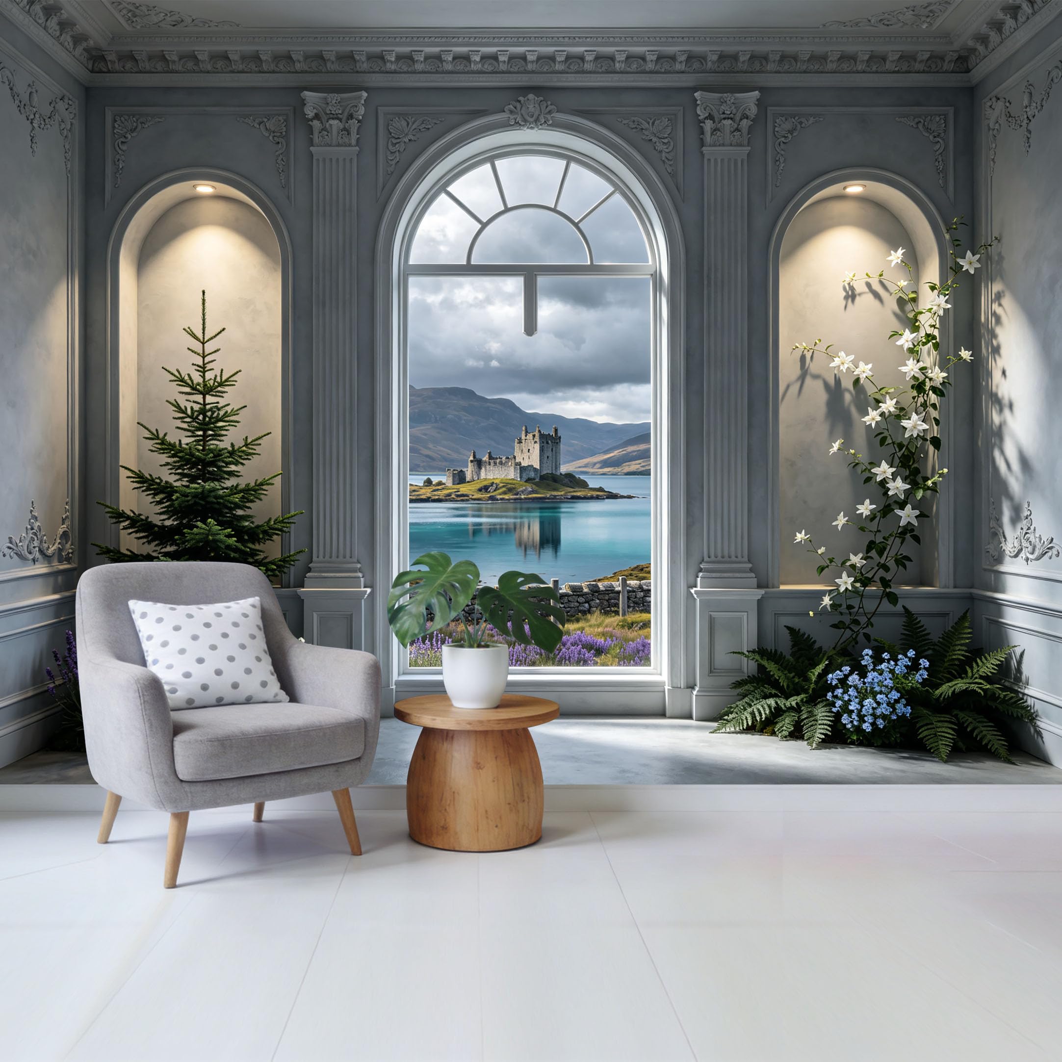 Custom Size Wall Mural Castle Lake View Through Classic Arch Botanical Landscape Removable Self Adhesive Fabric Home Wall Decor for Living Room Bedroom Bathroom