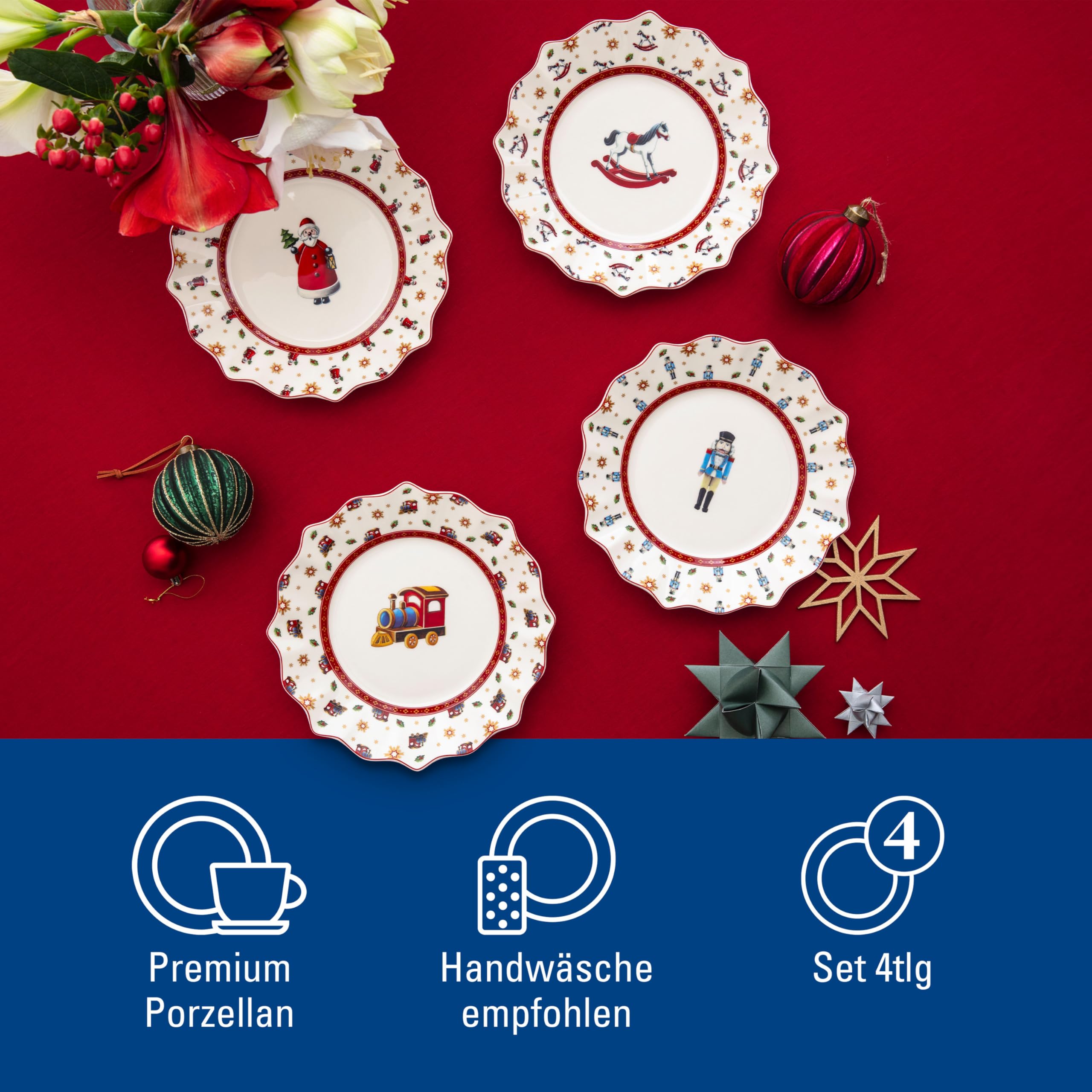 Villeroy & Boch - Toy's Delight Jubiläums-Teller Set 4 Teilig Bunt, Weihnachten, Teller Set für 4 Personen, Essteller, Frühstücksteller, Weihnachtsmotiv, Weihnachtsgeschirr, Premium Porzellan
