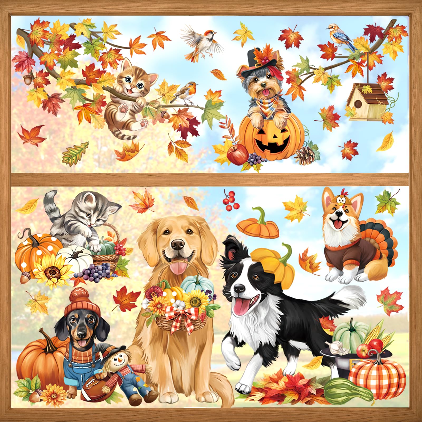 decalmile Fall Pumpkin Maple Leaves Double Sided Window Clings Autumn Harvest Dog Cat Scarecrow Birds on Tree Branch Anti-Collision Glass Doors Window Stickers Decals - Image 3