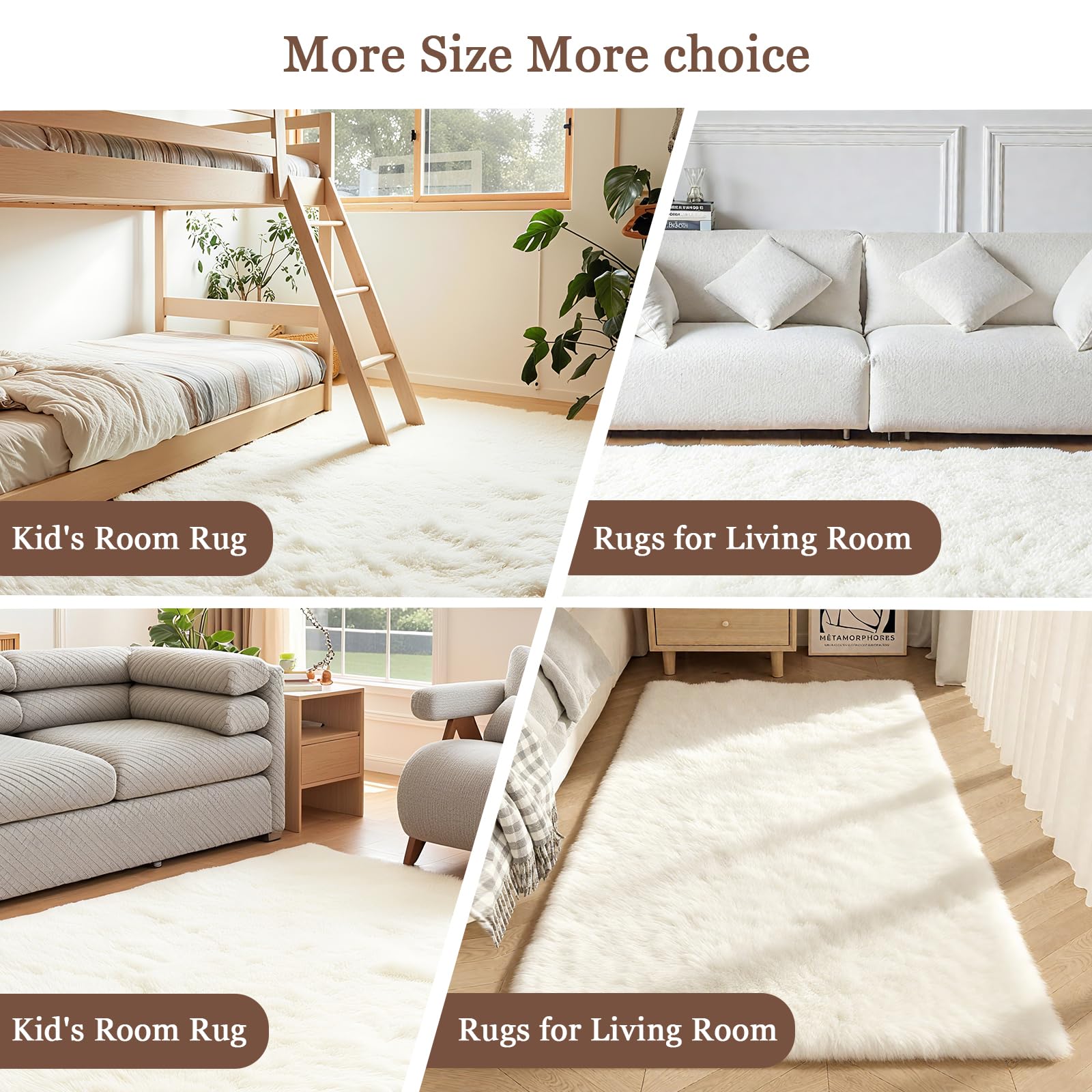 Tapis Salon Chambre Blanc 160 x 230 cm à Poils Longs Tapis de Chambre Descente de lit Moelleux Tapis Doux Poils Longs pour Salon Chambre Canapé
