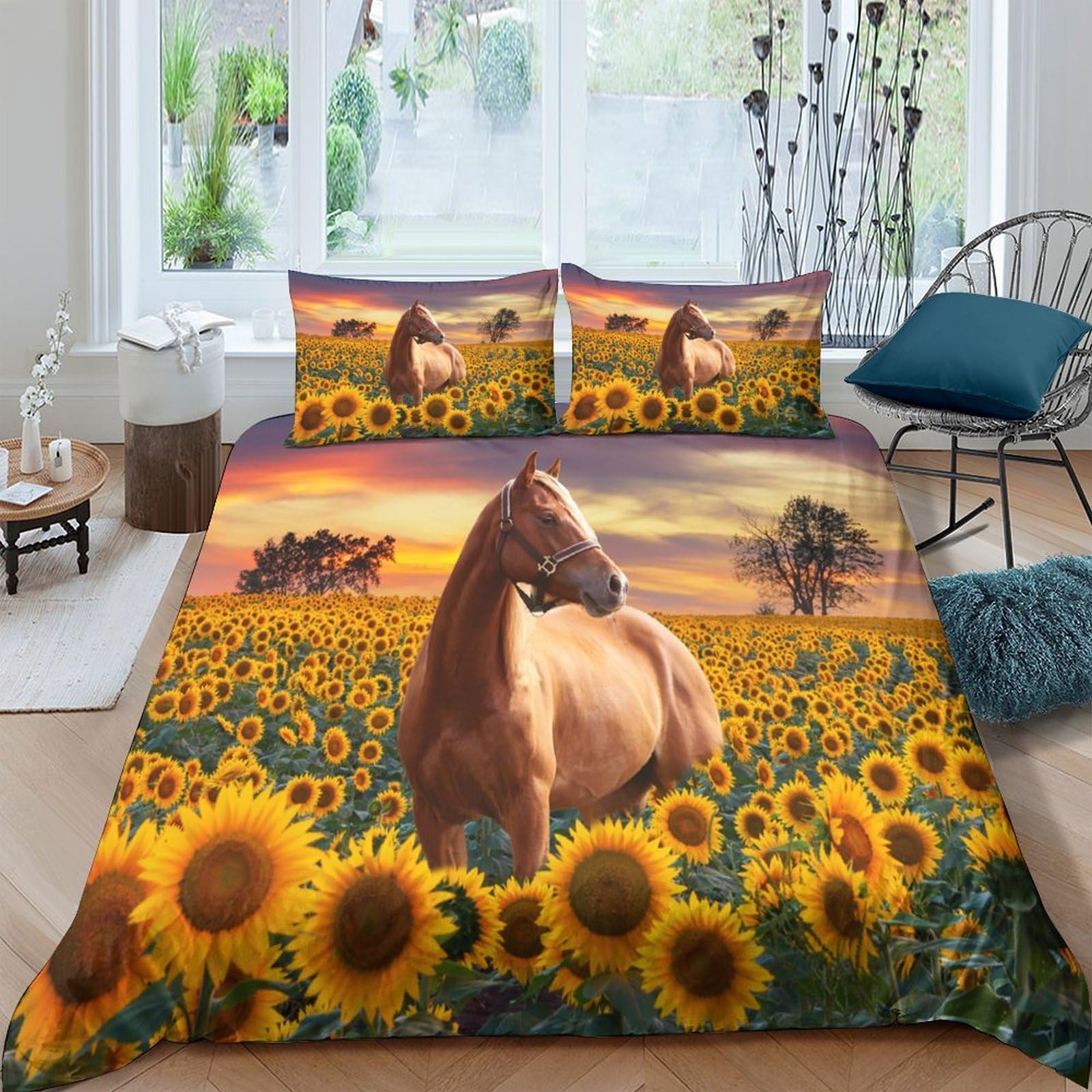 Ctjqhvkz Style-1 3D Printed Sunflower Field Horse Fitted Sheet Microfiber Soft Non-Slip Bed Cover For Bedroom Guest Room Decor Single（135X200cm）