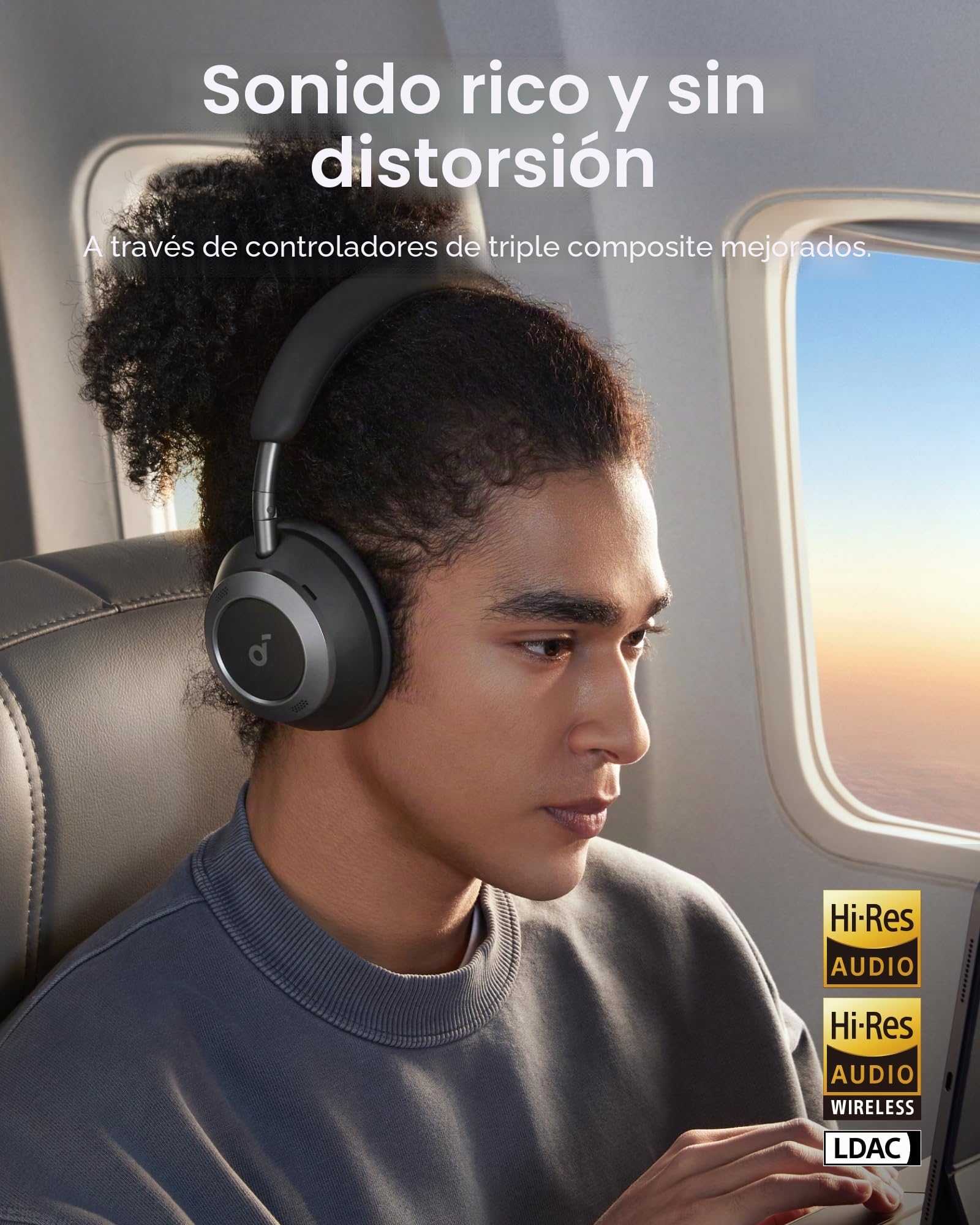 Soundcore Space One Pro de Anker, Auriculares con Cancelación de Ruido Activa Adaptativa con 6 Micrófonos, Diseño Muy Plegable, Audio sin Pérdidas 60H, Carga Ultrarrápida, Inalámbrico Hi-Res con LDAC