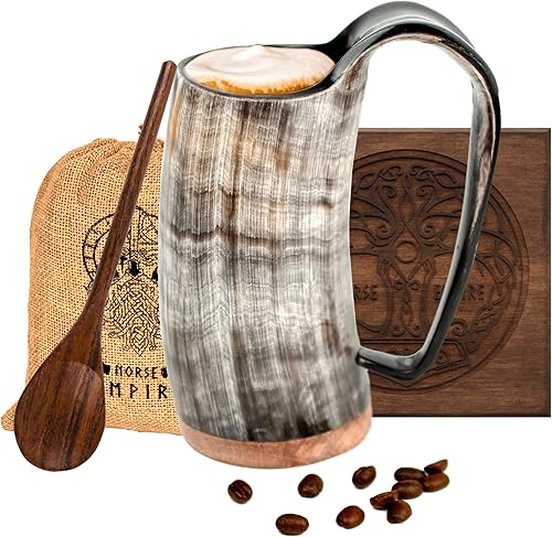 Taza de café con cuerno vikingo, 12 onzas, cuchara de madera y cuchara de madera, juego de 3 piezas, tazas de cuerno de buey para beber de forma