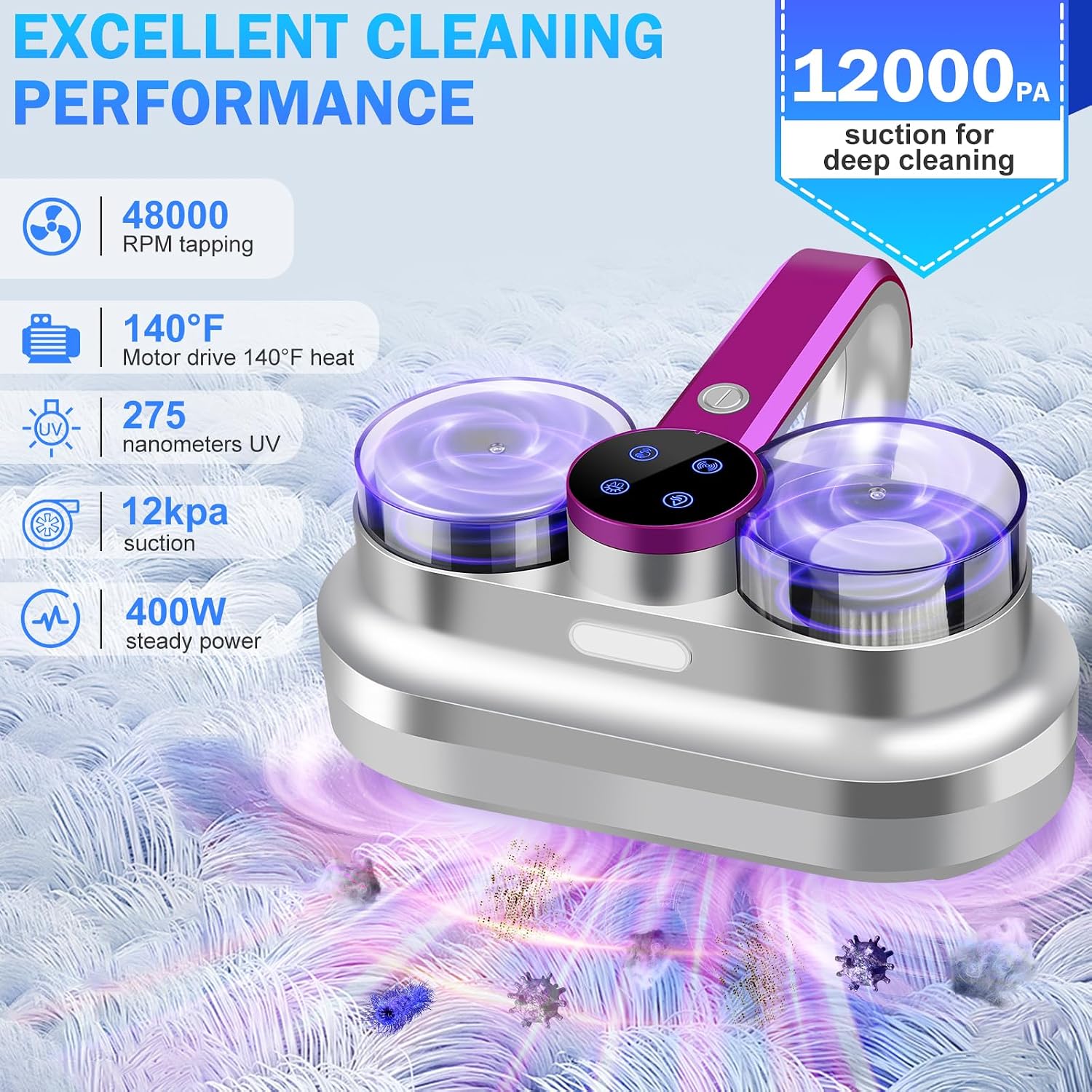 Bed Vacuum Cleaner Mattress Vacuum with UV, 12Kpa Suction, HEPA Filter, 275nm UV-C Light,48000 RPM Brushroll Rotation, Heating, Ultrasonic, Quintuple Tech, Widened Suction Port, 400W, Corded