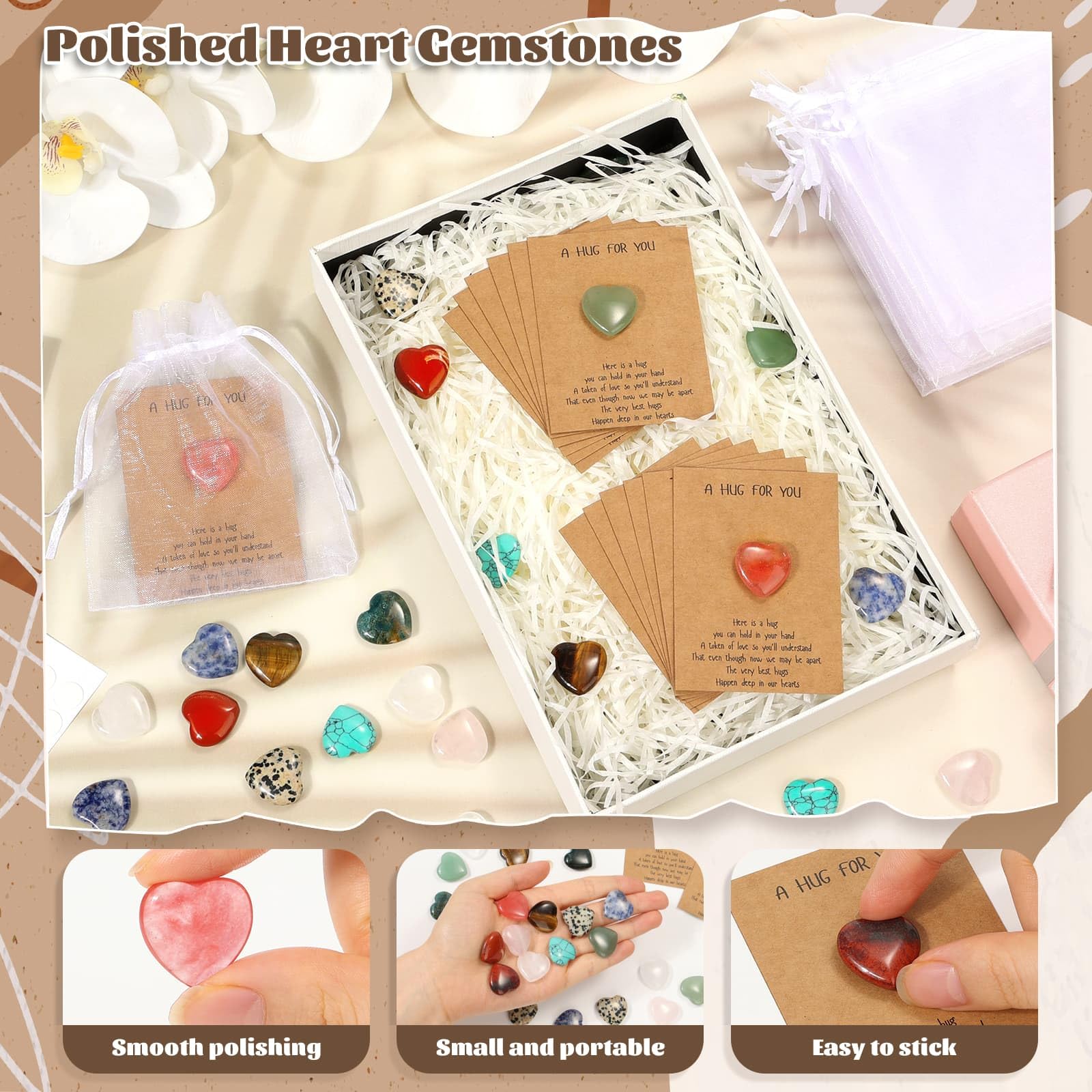 30 Pcs Heart Crystals and Healing Stones Bulk, 0.8" Polished Natural Heart Shaped Rocks Gemstones with Hug Cards Set for Meditation Balancing Chakra Reiki Valentines Mother's Day Gifts