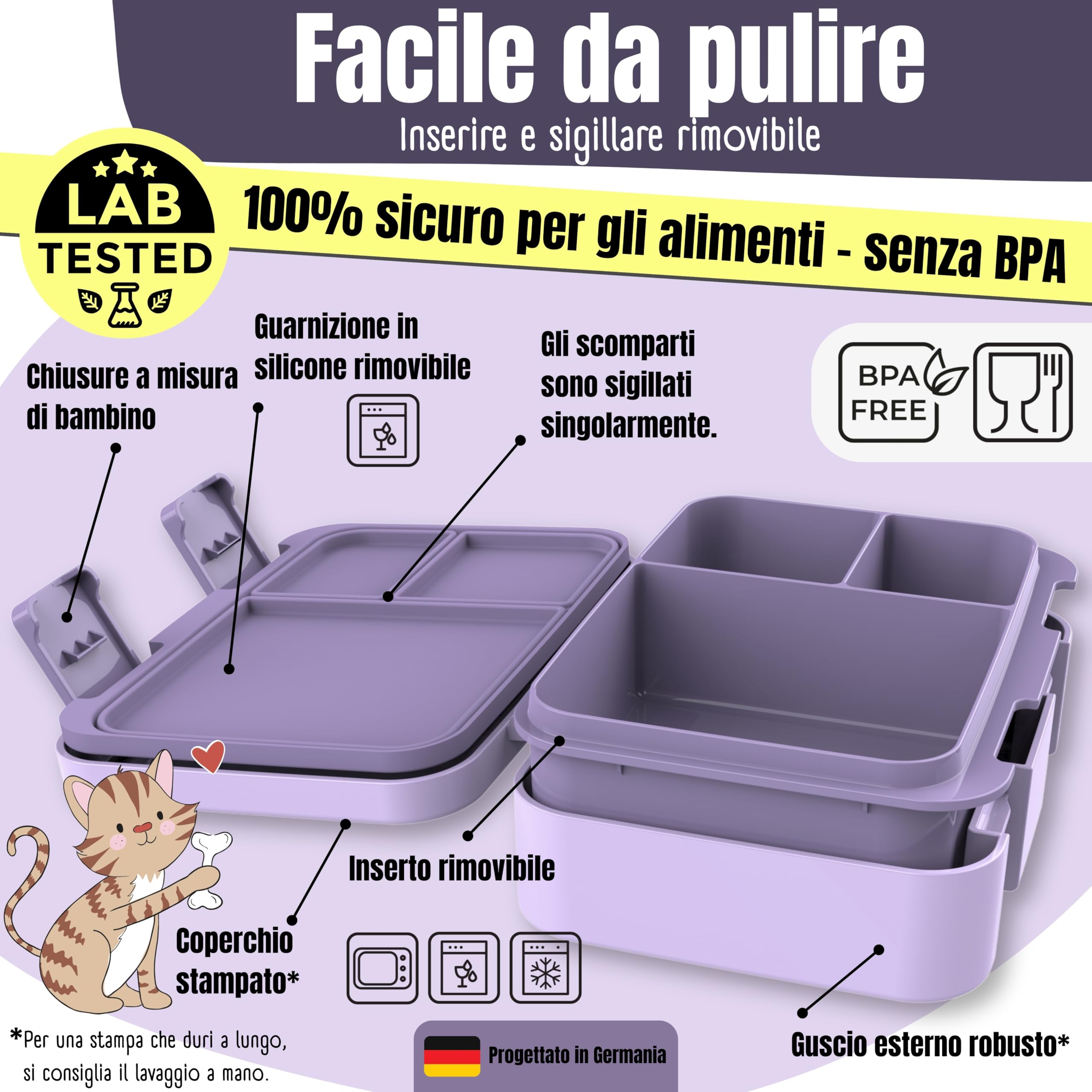 BEARFOOT – Porta Pranzo Bambini Compatta, Lunch Box Bento Box Senza BPA, Portamerenda Scuola con Scomparti, Leggera e Ermetica per Bambini e Bambine (Lama Viola, 650 ml)