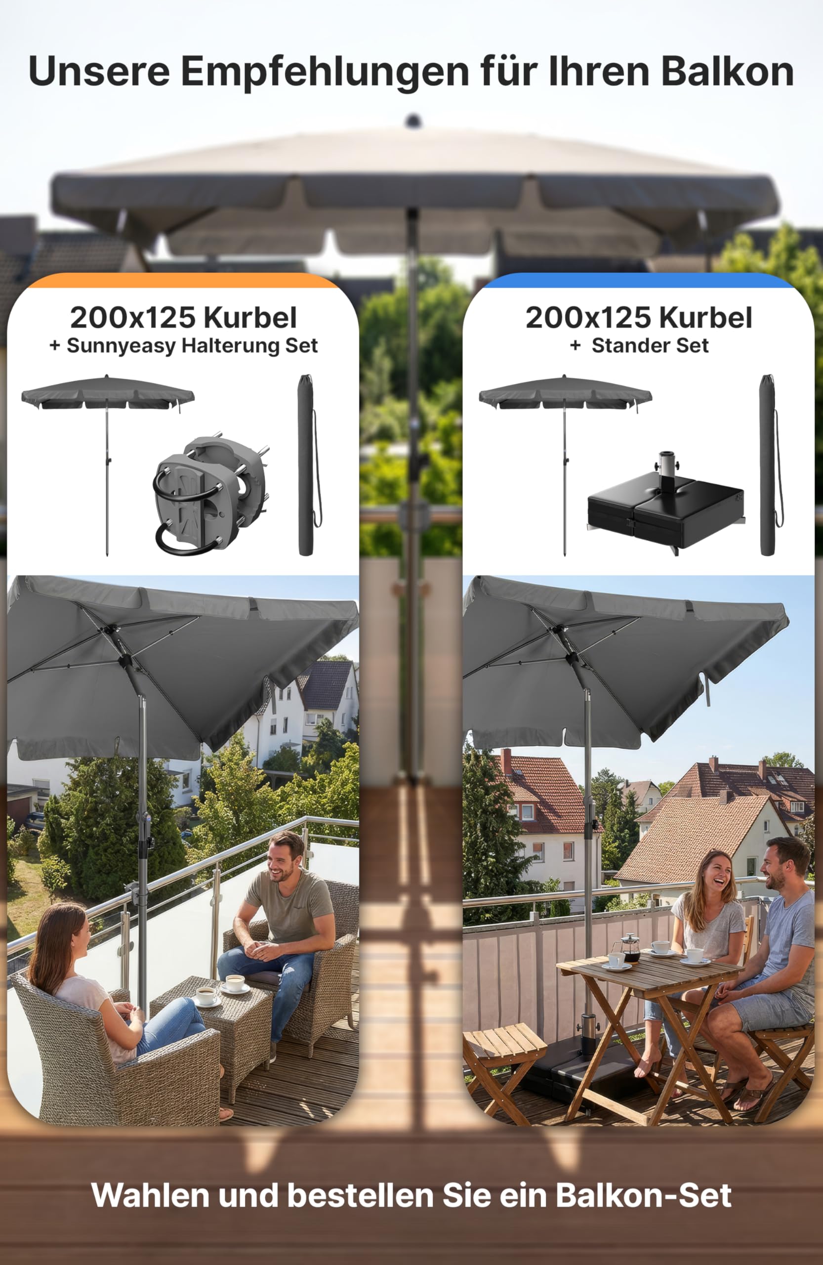 4smile Sonnenschirm Balkon mit Kurbel, Sonnenschirm rechteckig 200x125 cm, Sonnenschutz Balkon mit UPF 50+, Balkonschirm mit Schutzhülle, knickbar und höhenverstellbar, Anthrazit