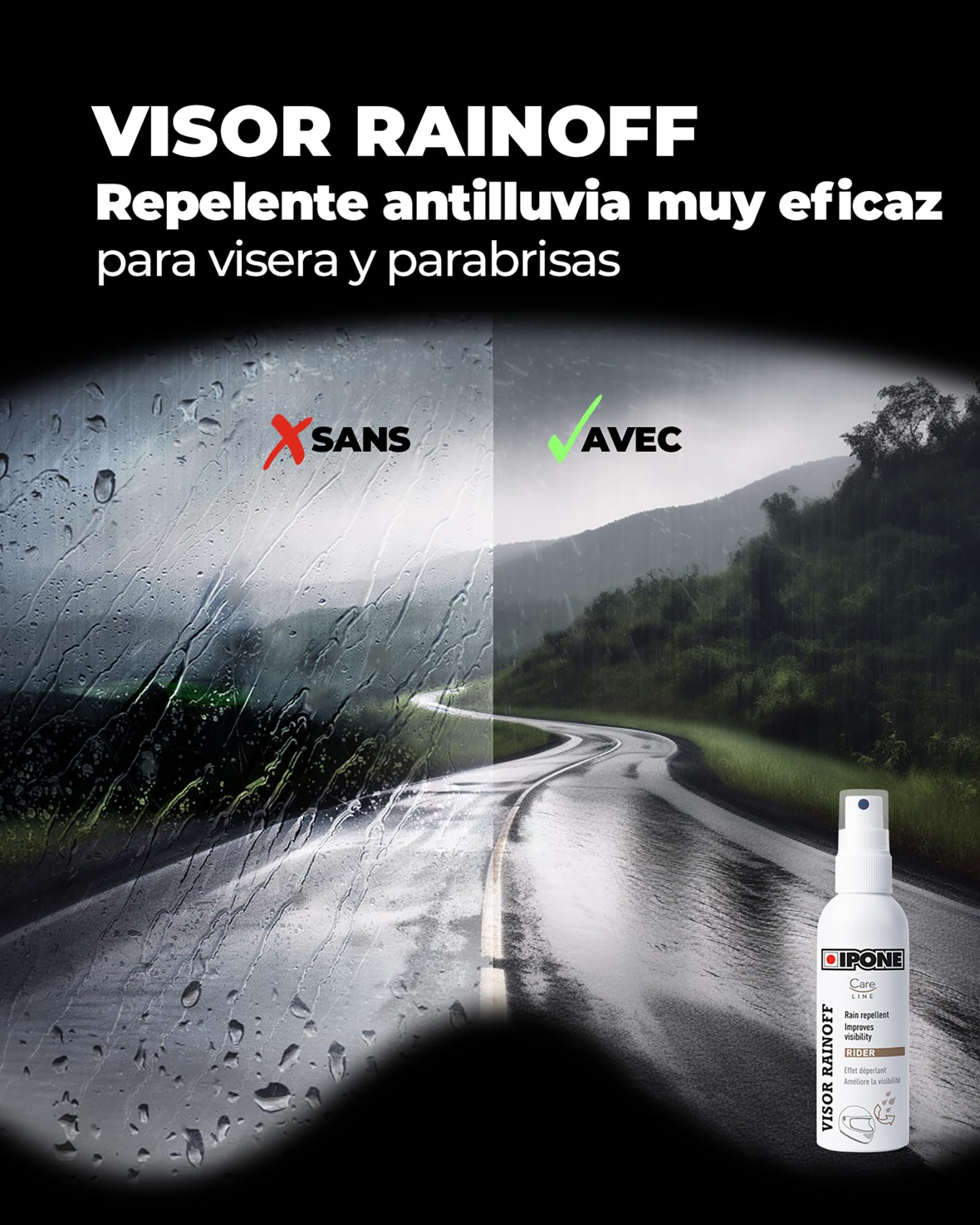 IPONE - Pack Mantenimiento Casco Moto - 1 Limpiador Casco Exterior + 1 Limpiador Casco Interior + 1 Anti-Lluvia + 1 toallita de Microfibra