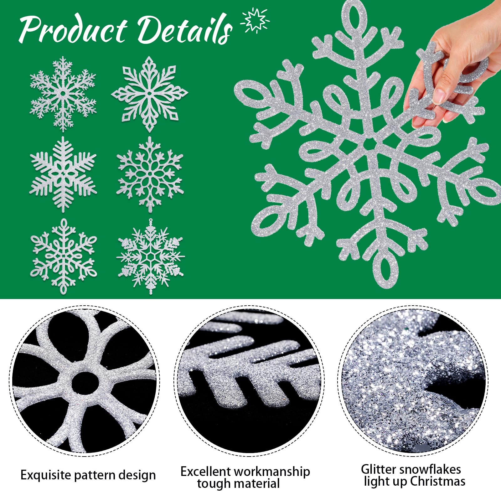 Lot de 24 flocons de neige géants à paillettes en plastique avec fil en nylon de 50 m pour décoration de Noel intérieure et extérieure Argenté 30,5 cm