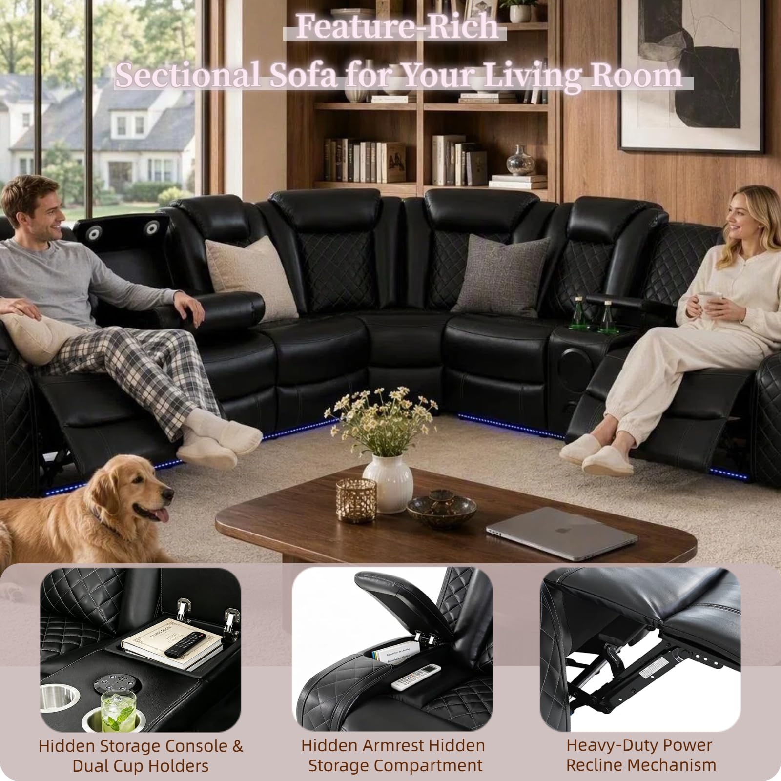 Leather Power Reclining Sectional Sofa Set with Bass Speakers & USB Ports view 6