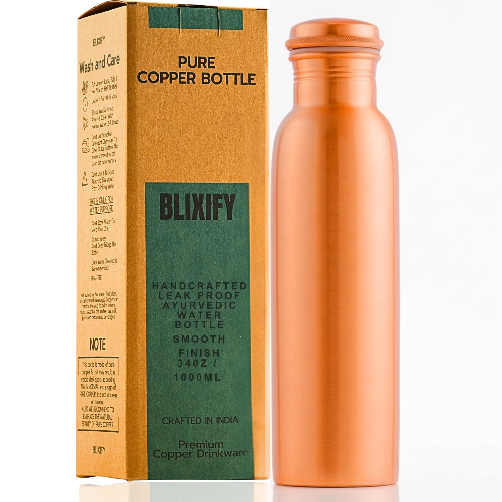 Copper Water Bottle (34oz/1000ml) Handcrafted Ayurvedic 100% Pure Copper Water Bottle for Drinking | Heavy Duty, Leak-proof & Lab-Tested | Perfect for Everyday Use, Gifting, Travel (Plain)
