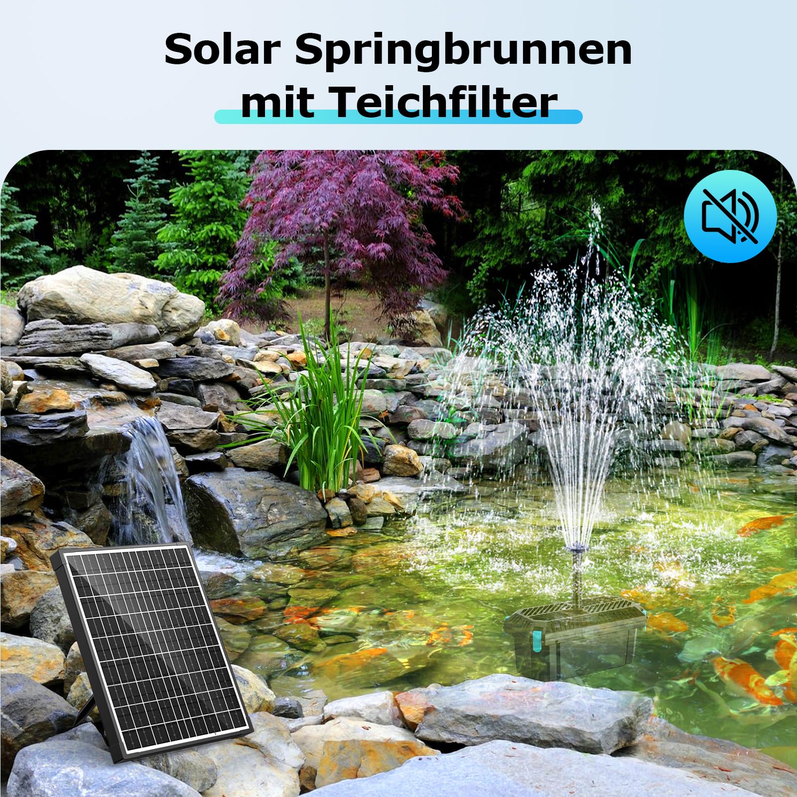 POPOSOAP 20W Teichfilter Solar mit Springbrunnenpumpe, Komplettes Teichfiltrations- und Solarbrunnen-Set für kleine Gartenteiche, Aquarien und Wasserspiele