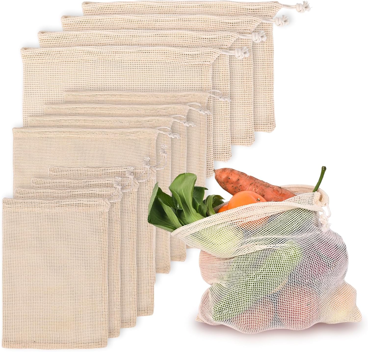 12Packs Reusable Produce Bags Reusable Washable – Vegetable Grocery Cotton Mesh Bags for Farmers Market, Beach, and Refrigerator Storage Vegetables 4xS, 4xM, 4xL