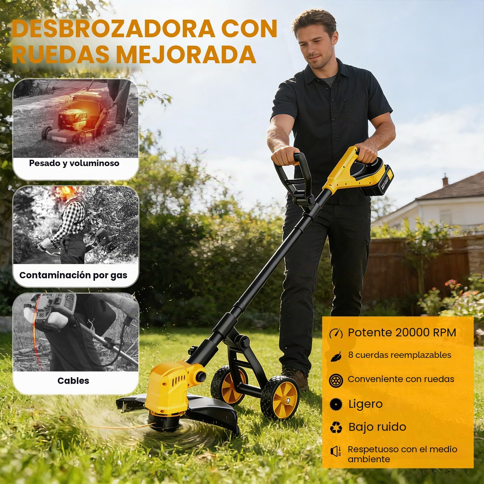 Desbrozadora Bateria con Ruedas, 21V Desbrozadora Electrica con 2 * 3.0 Ah Baterías, 800W Motor sin Escobillas, Ancho de Corte 36CM, Cortabordes Ligero 3 en 1 con 8 Bobinas de Recambio para Jardín