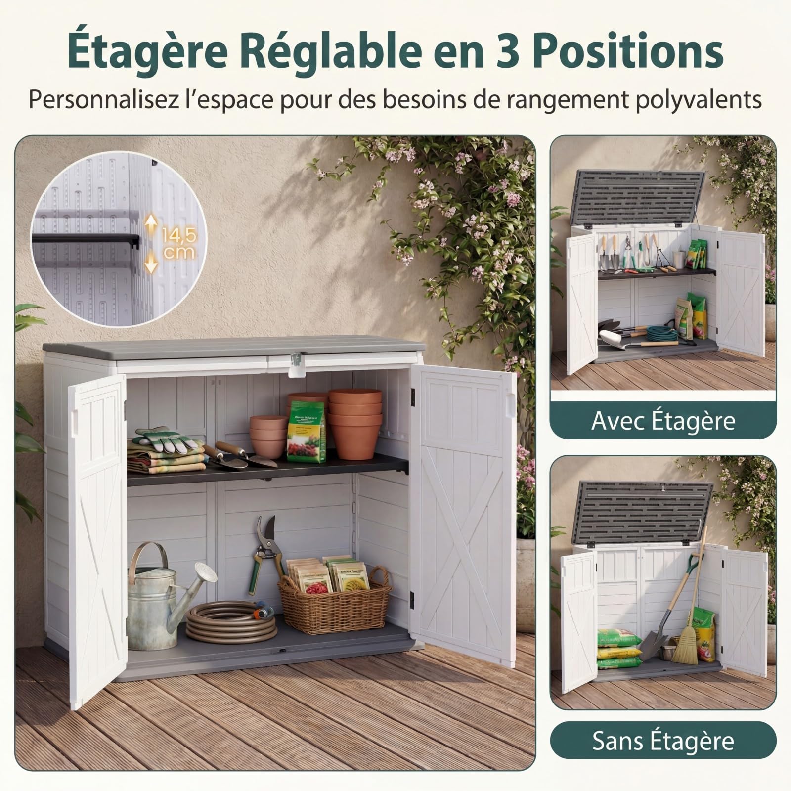 GYMAX Coffre de Rangement de Jardin Imperméable HDPE, 2 Étagères, Couvercle Relevable Verrouillable, Armoire Extérieure, 118 x 63 x 94 cm