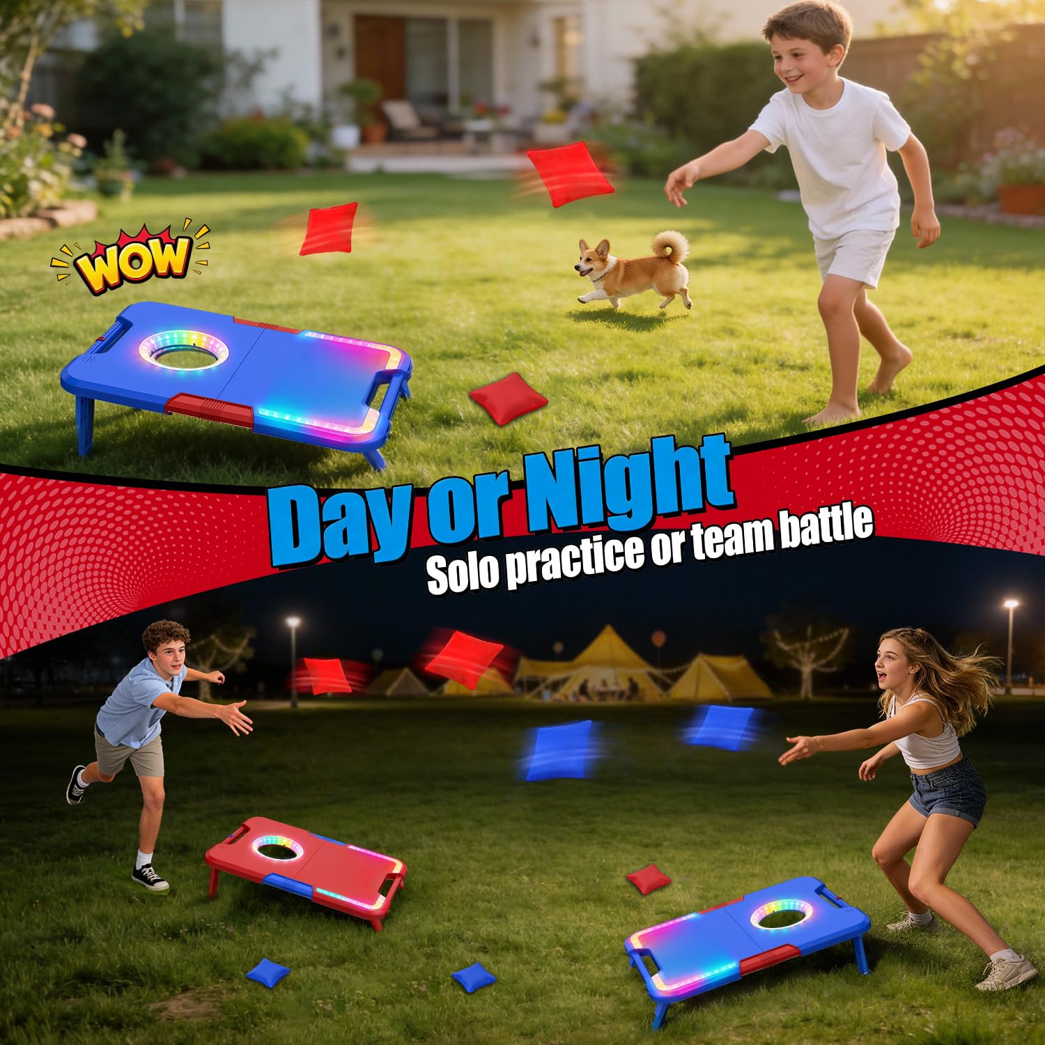 Jeu de Cornhole Illuminé avec Effets Sonores, 2 Planches Pliables & 8 Sacs de Fèves, Jeu de Lancer Portatif pour Extérieur,Jouets pour Fêtes dans la Cour & Camping,Cadeau pour Enfants et Famille,6-12+
