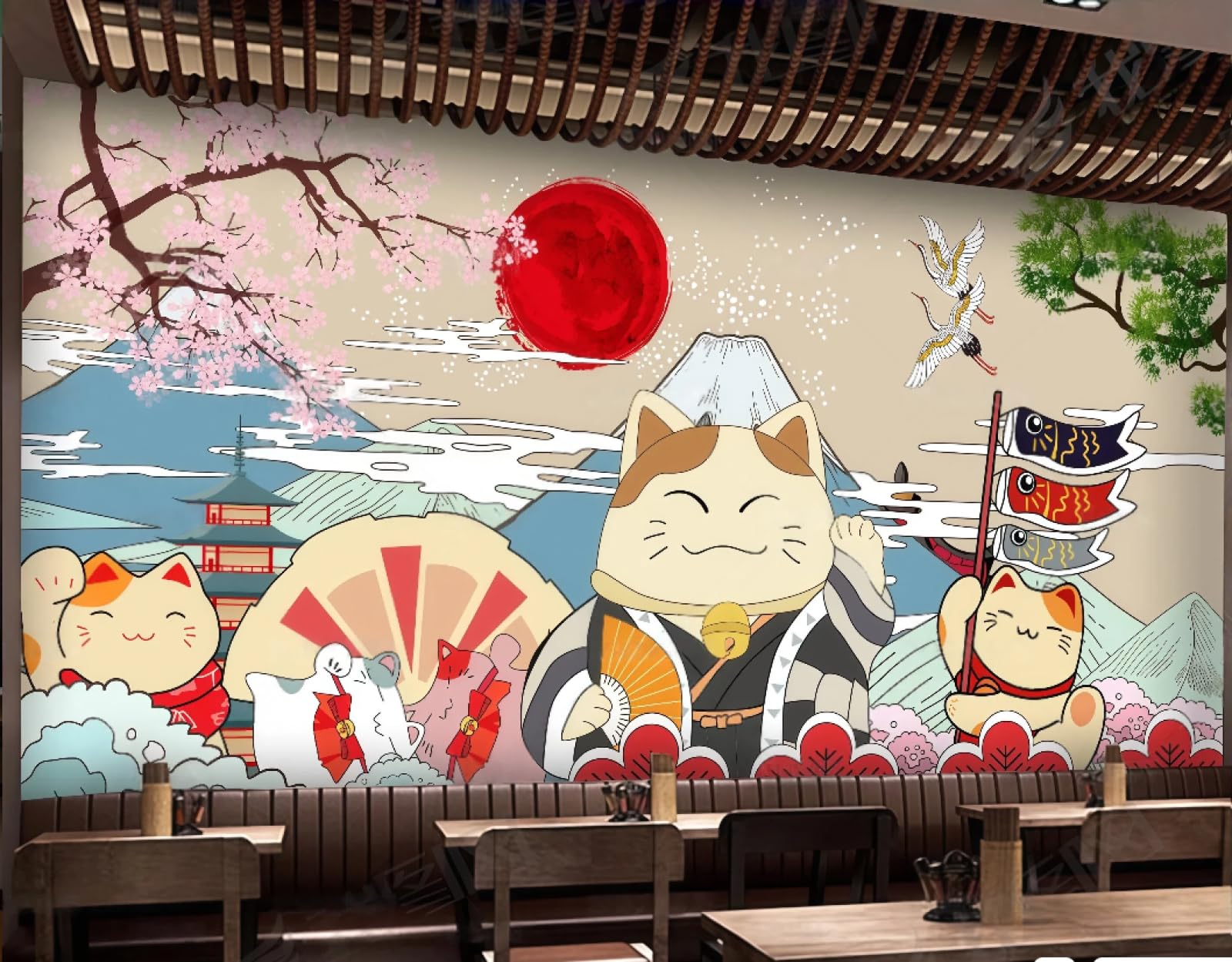 Xdoubao 3D Wallpaper Hand-Painted Cartoon Cute Cat Art Cuisine Sushi Shop Snack Afternoon Tea Western Restaurant Background Wall Wallpaper Coffee Shop Mural,,300X210cm