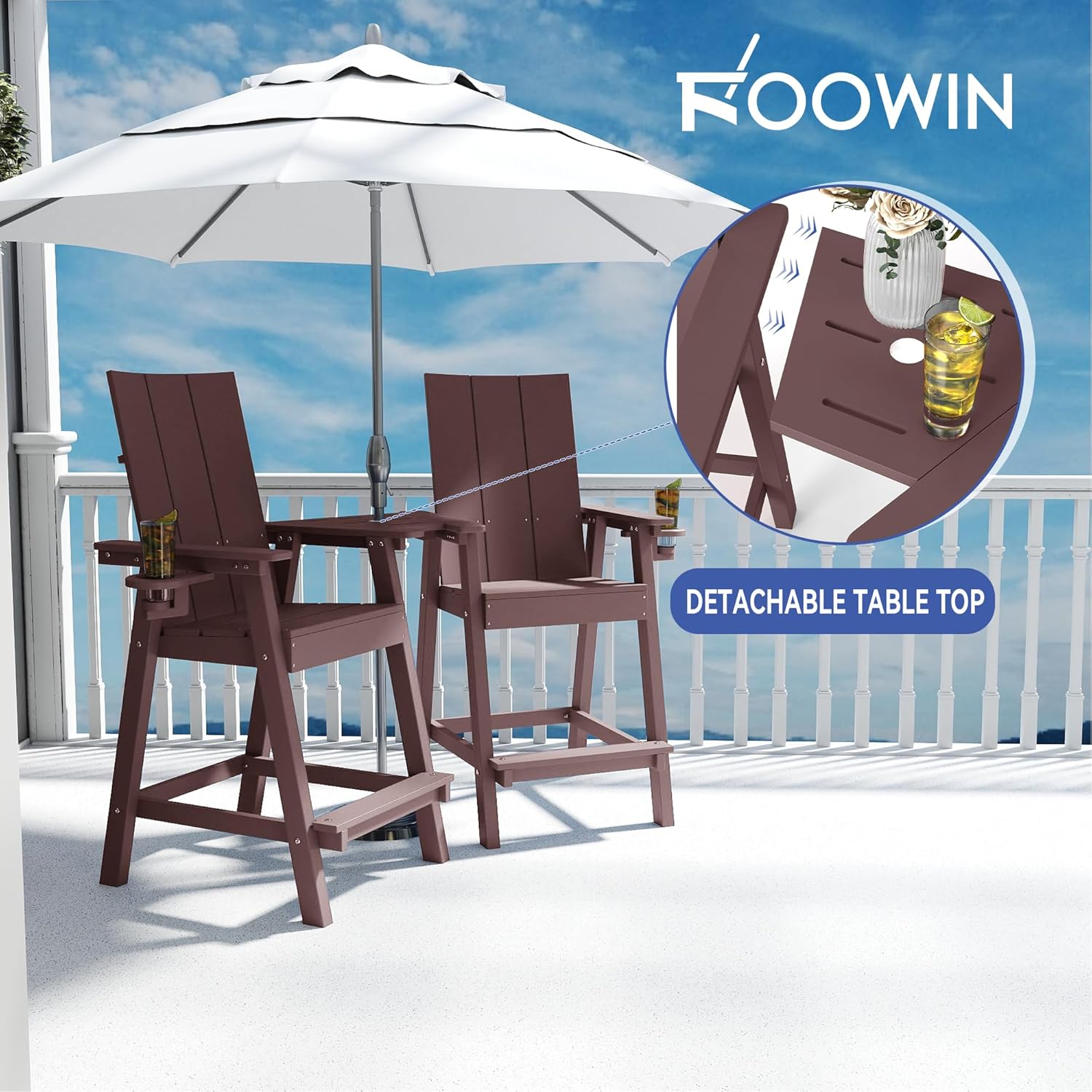 FOOWIN Tall Adirondack Chairs Set of 2,HDPE Adirondack Bar Stools with Connecting Tray & Cup Holders,Weather Resistant Balcony Chair for Outdoor Deck Lawn Pool Backyard Coffee