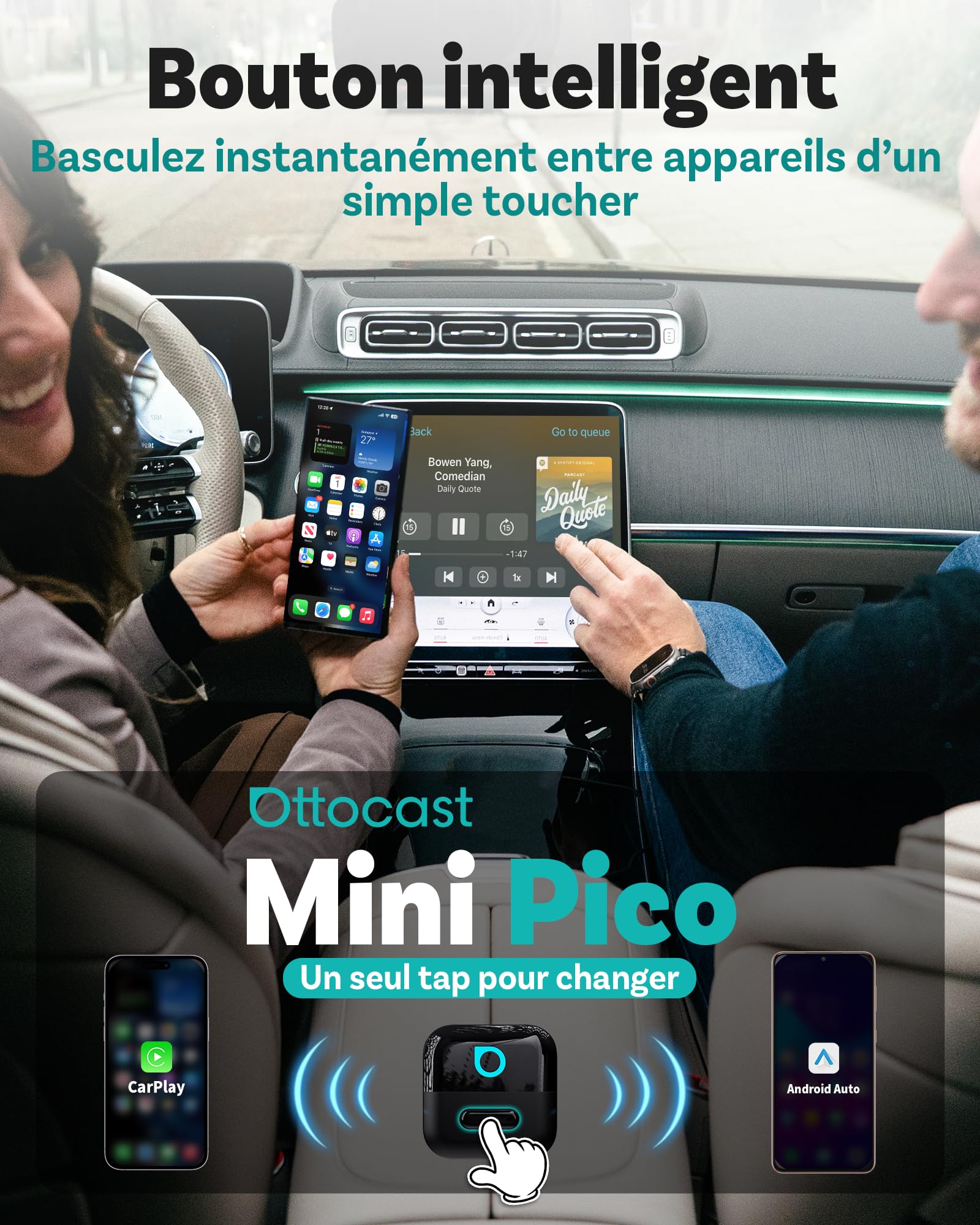 OTTOCAST Mini Pico 2026 Adaptateur CarPlay & Android Auto sans Fil, WiFi 6 & Bluetooth 5.4, Mini Dongle USB Plug & Play, Conversion CarPlay/Android Auto Filaire en Wireless