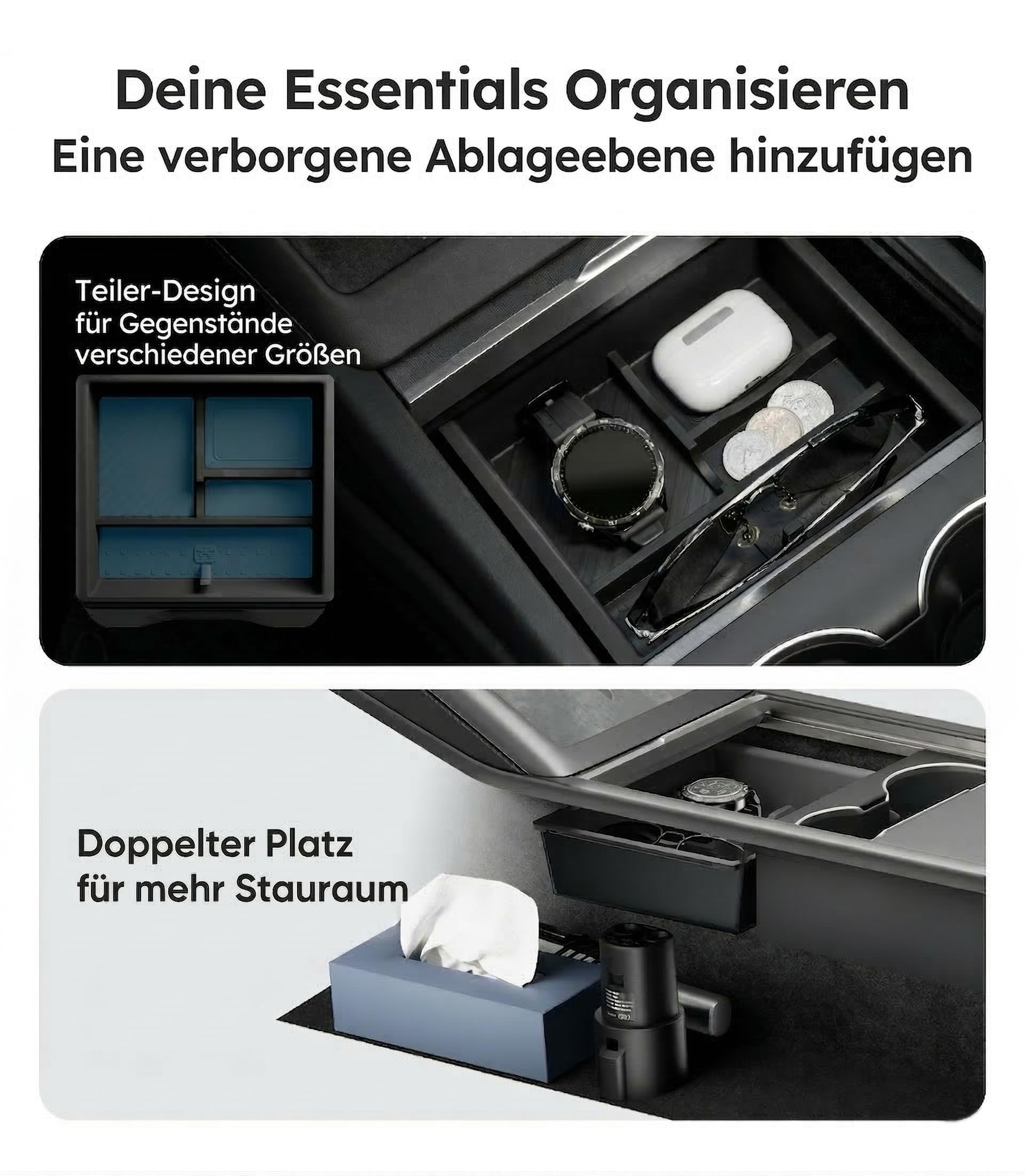 Wigoo Mittelkonsole-Organizer für Tesla Model Y Juniper (nur Premium & Performance 2025–2026) und alle Model 3 Highland Zubehörteile [Doppellagiger Stauraum, sanftes Gleiten], 4-teilig, Schwarz