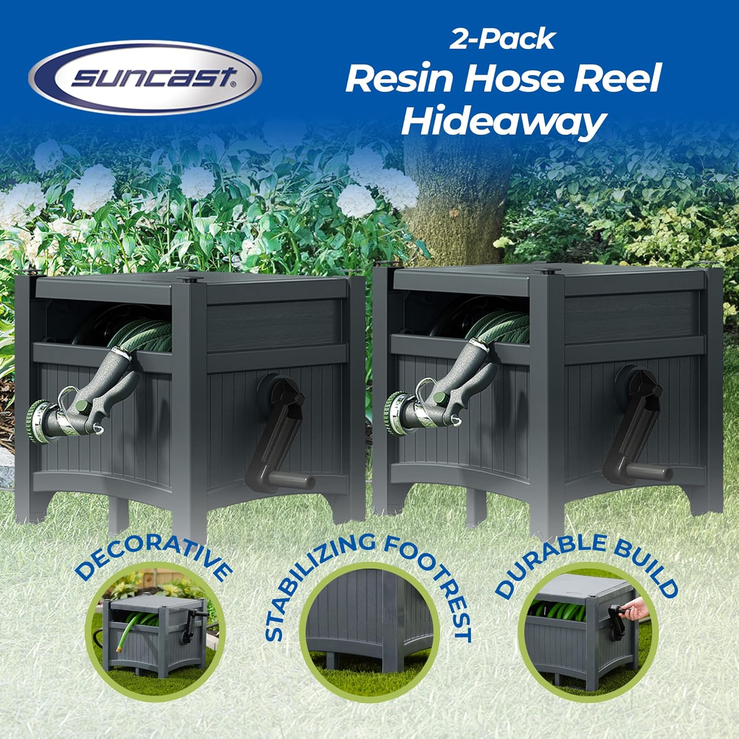 Suncast 2 Pack Hideaway Garden Hose Reel, Holds 100' of 5/8" Standard Vinyl Hose, Cyberspace Grey