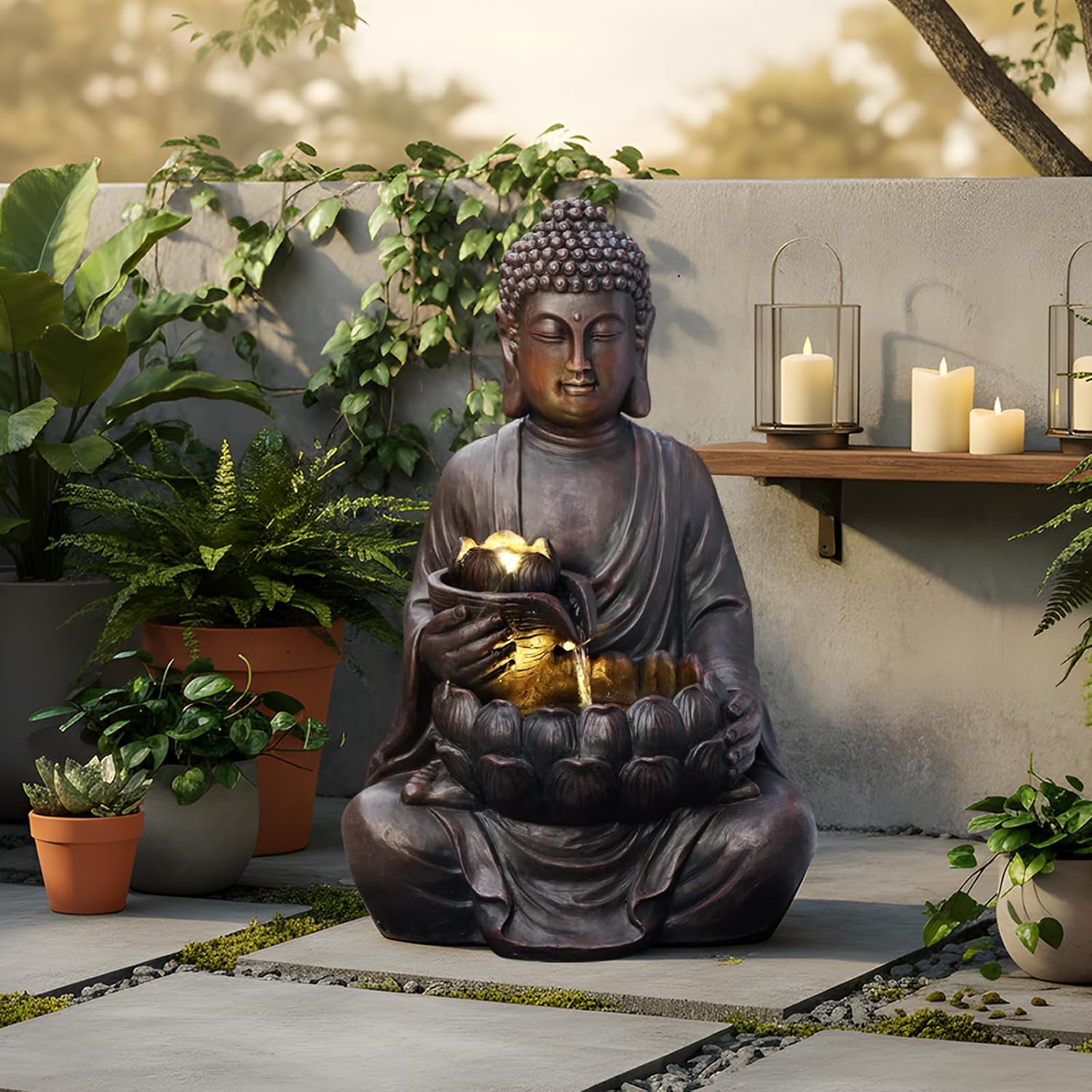 G-LEAF Buddha Water Fountain with LED Light, 28.8 inch Indoor Outdoor Zen Meditation Fountain with Lotus Bowl, Lighted Tabletop Floor Water Feature for Home, Garden, Patio Decor (Dark Brown)