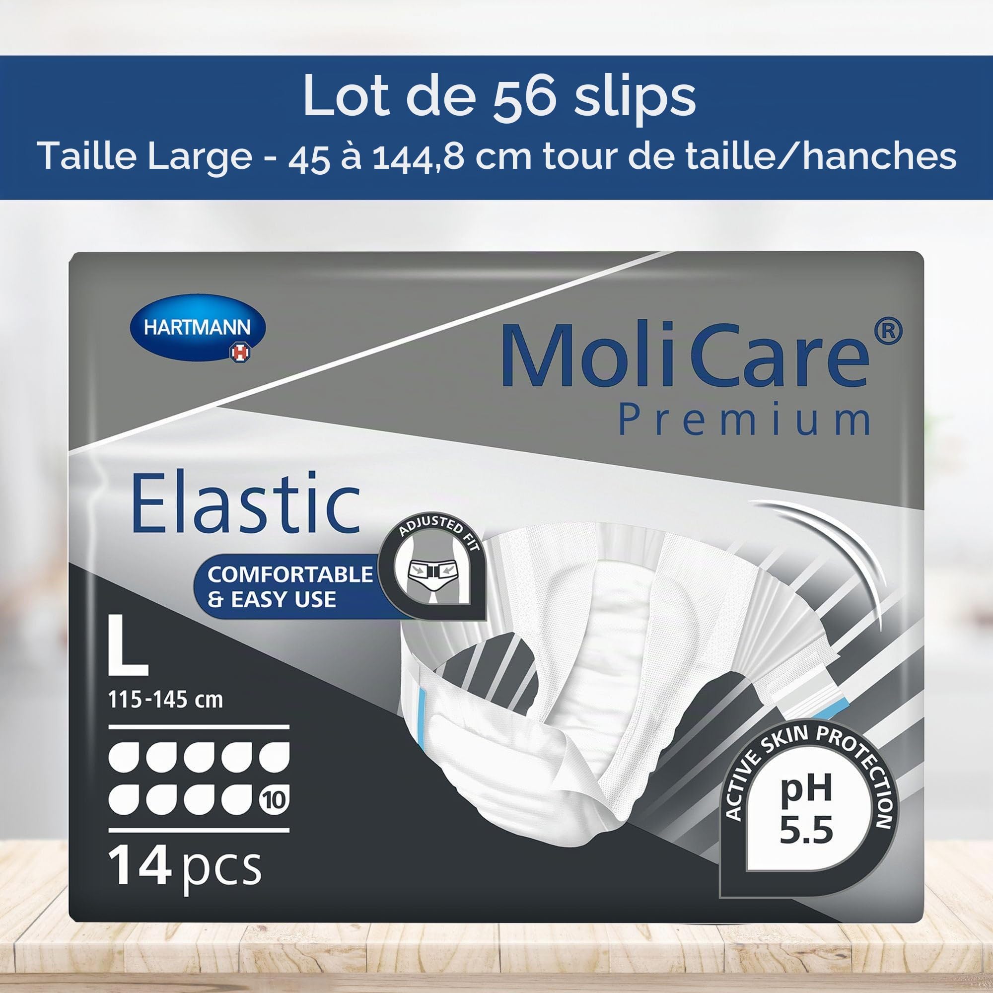 MoliCare Premium Elastic Slip : pour incontinence très sévère pour femmes et hommes ; 10 gouttes, taille L, (tour de taille 115-145 cm), 4x14 pièces