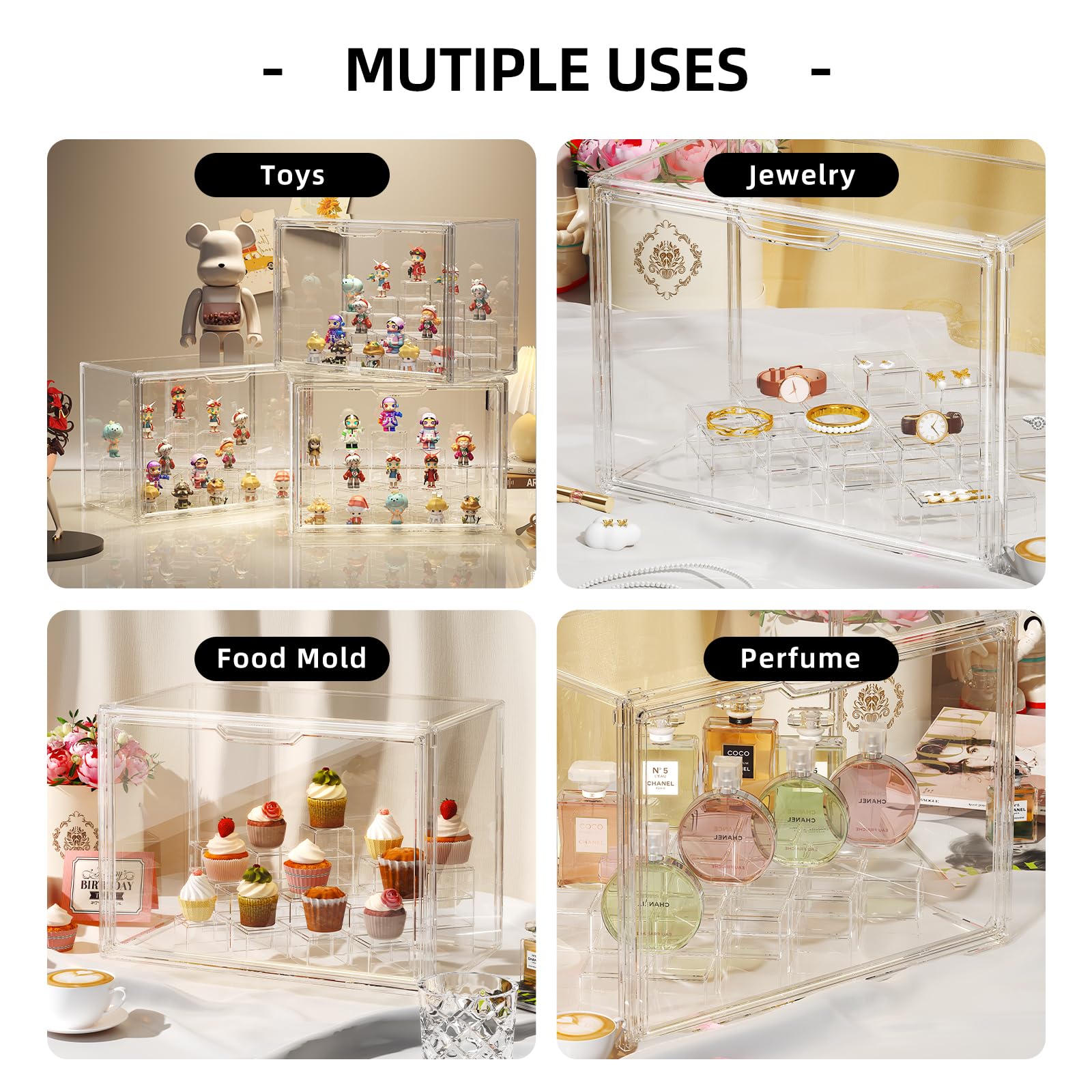 JOYZAN Acrylic Display Case 2 Pack Display Boxes for Collectibles, Figure Display Case with Magnetic Door, Stackable Clear Box with Moveable Cylindrical Modules for Popmart, Funko, Doll