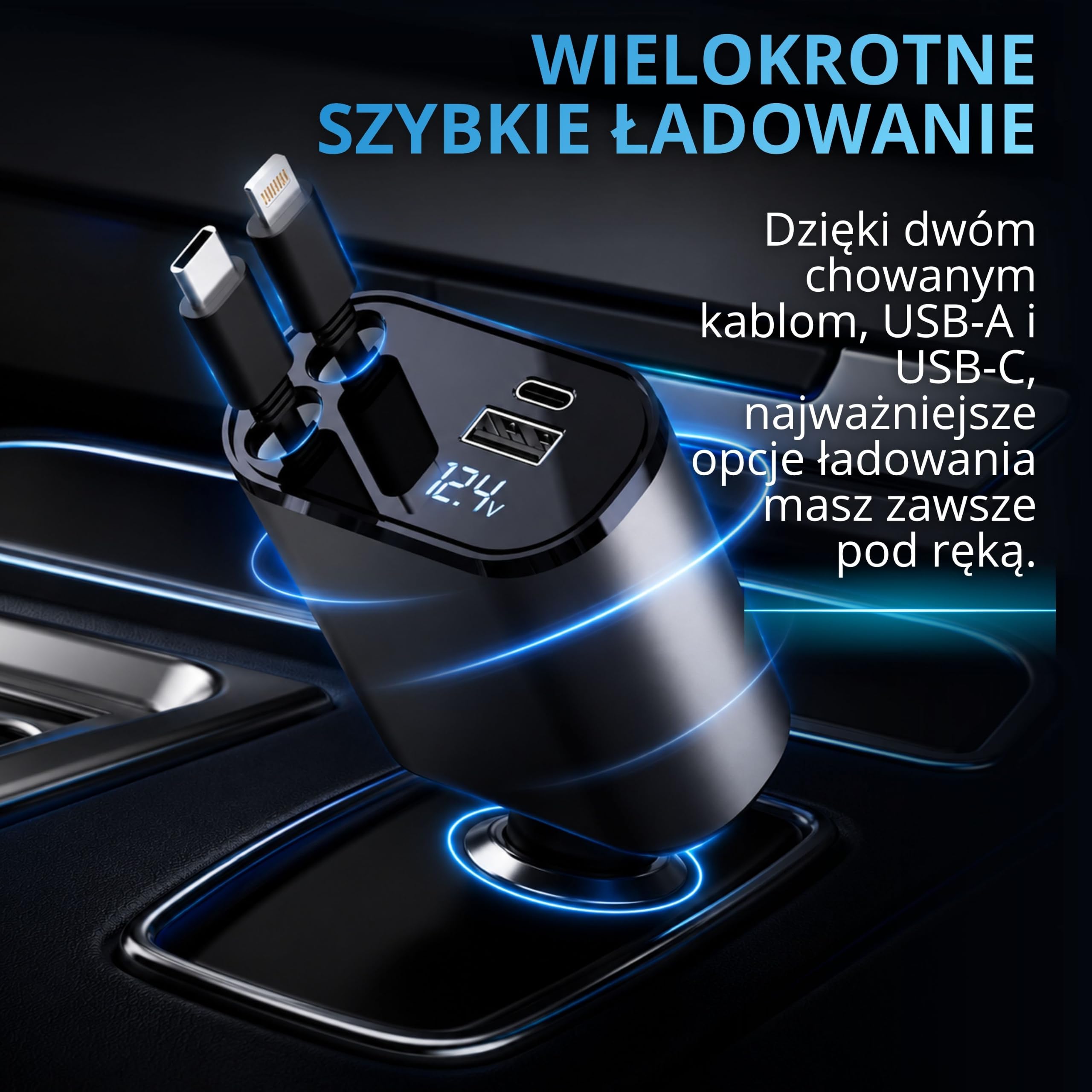 AutoSky Wysuwana ładowarka samochodowa 4 w 1 z szybkim ładowaniem – kabel USB-C i Lightning oraz port USB-C i USB-A